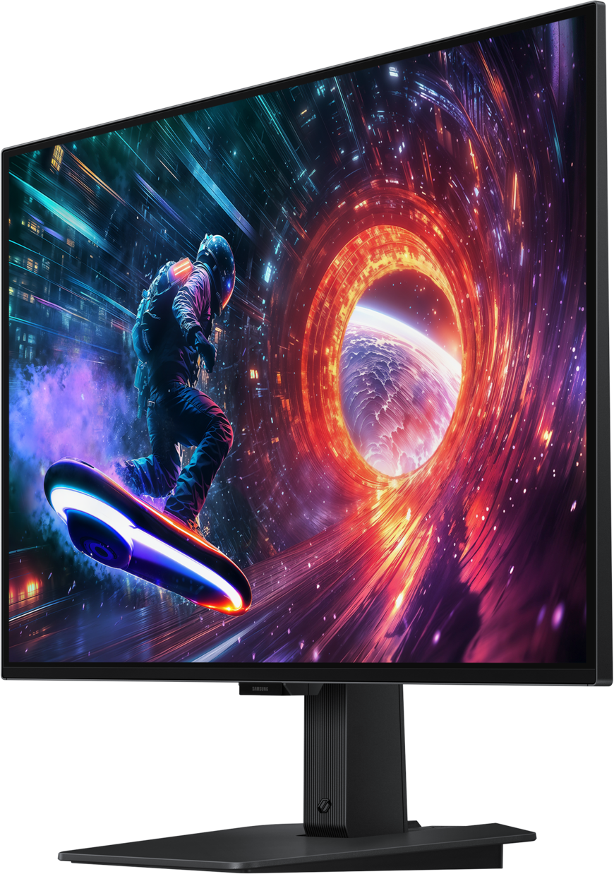 Astronaute sur une planche lumineuse dans un tunnel spatial, affiché sur un moniteur. Le fond montre une planète et un tunnel coloré.