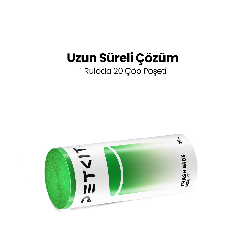 Bir rulo çöp torbası. Etikette 'PETKIT' yazıyor. Yeşil ve beyaz, yanında 'ÇÖP TORBALARI' yazıyor.