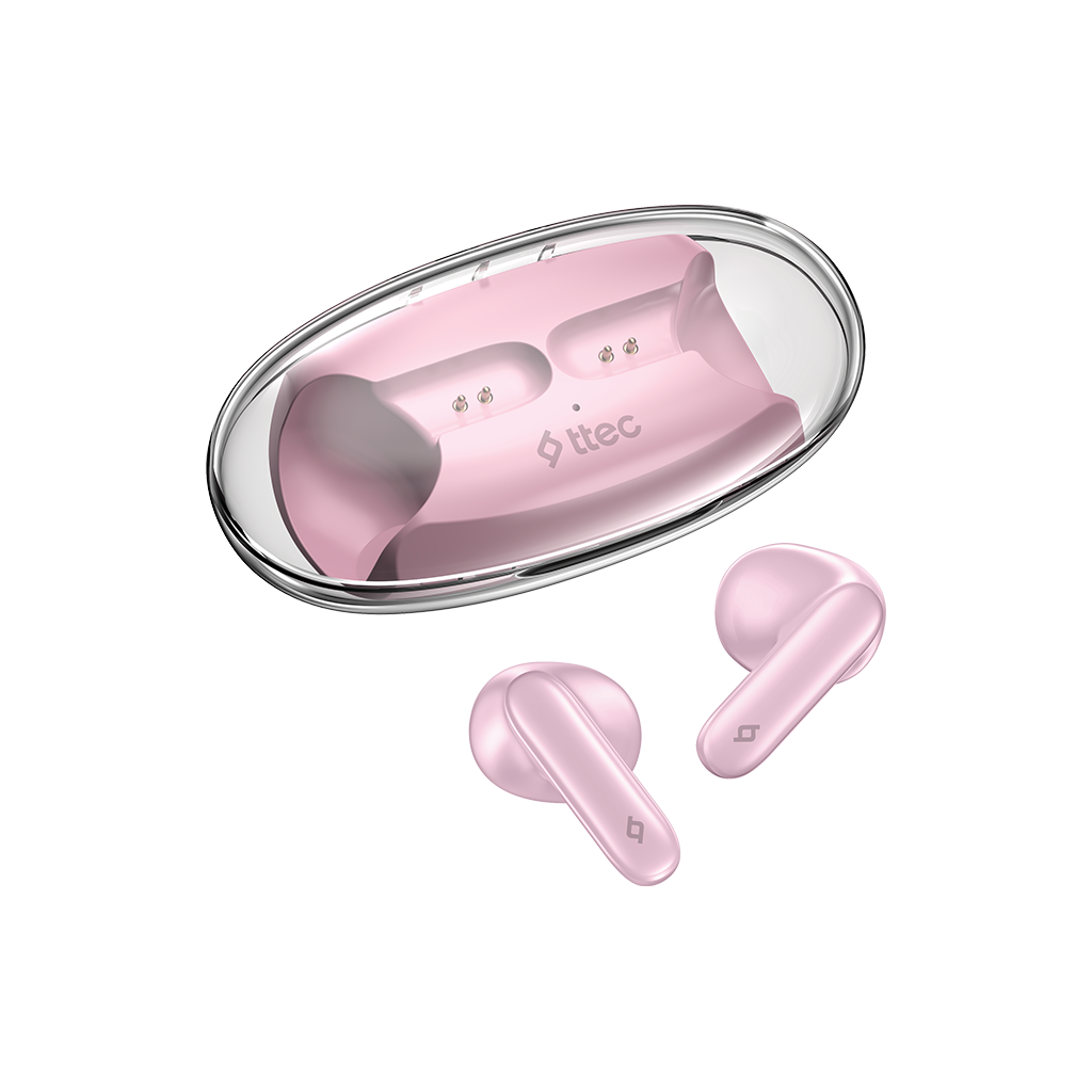 Pembe kulaklıklar ve şarj kutusu. Kutu şeffaf, oval şekilli ve pembe kulaklıkları tutar. İki kulaklık da görülebilir.