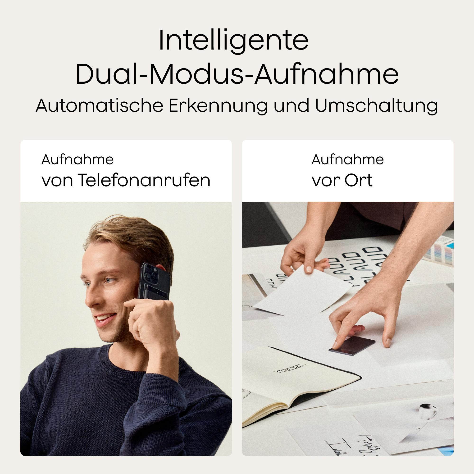 Das Bild zeigt links einen Mann mit einem Telefon. Rechts ordnen Hände Papiere an. Text auf Deutsch oben.