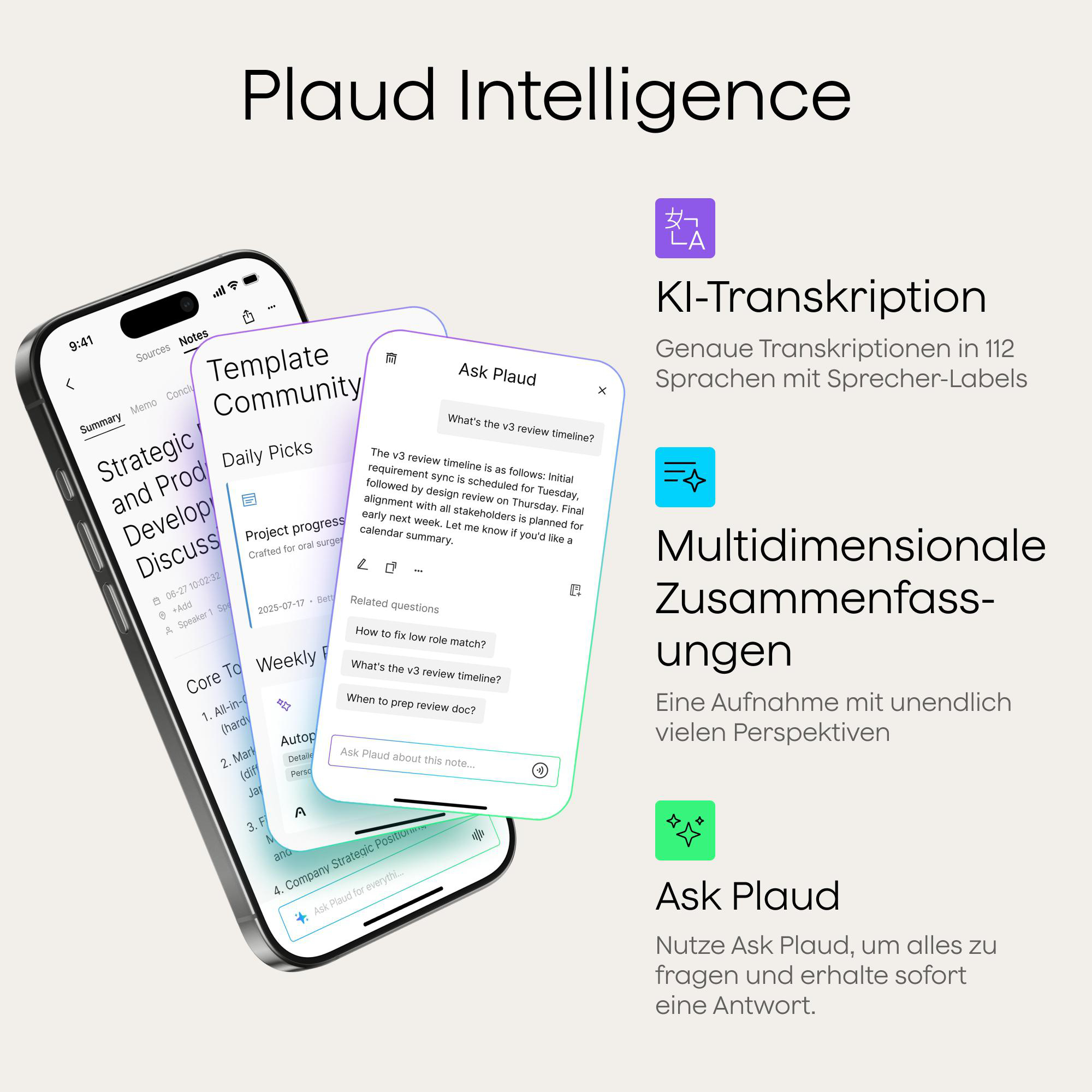 Telefon zeigt App-Bildschirme, Text und Symbole. Andere Elemente umfassen Text und Symbole auf hellem Hintergrund.