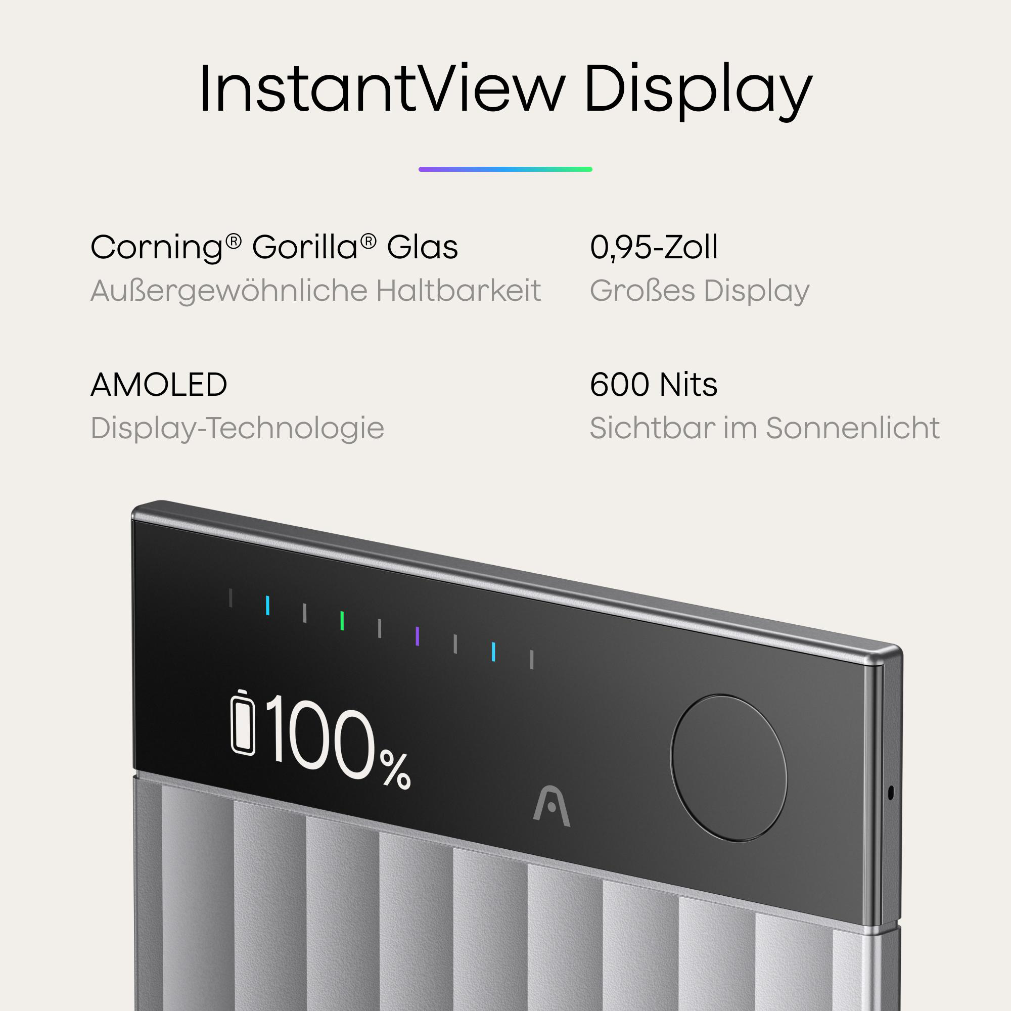 Ein schwarzes Display zeigt 100 % Akku. Text: Corning Gorilla Glass, AMOLED, 600 Nits und InstantView Display.