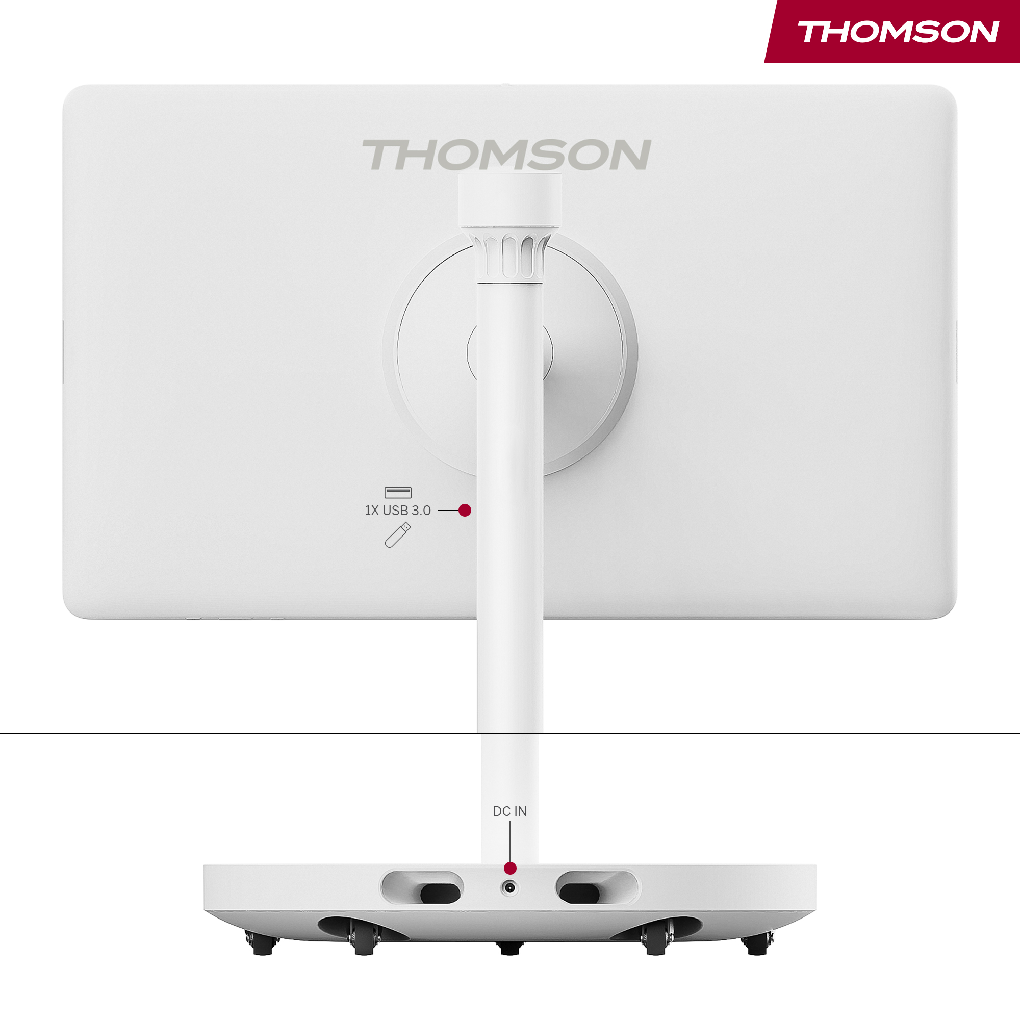 Vista trasera del monitor Thomson blanco. Características: soporte, puertos USB y CC, y el logotipo de Thomson. Predominantemente blanco.