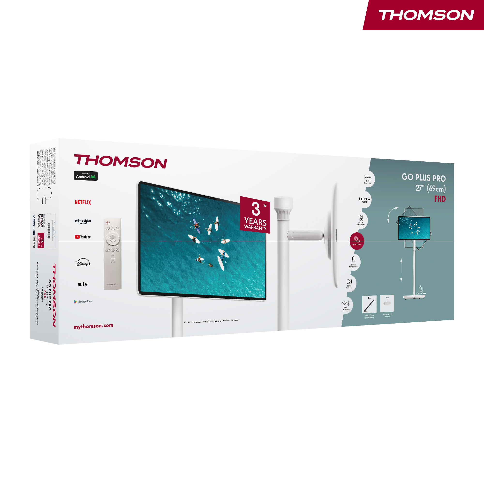 Una caja de TV Thomson muestra un televisor con surfistas, un mando a distancia y logotipos de aplicaciones de streaming, con especificaciones e información de garantía.