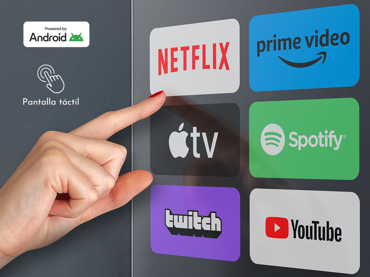 Una mano toca una pantalla que muestra iconos de aplicaciones: Netflix, Prime Video, Apple TV, Spotify, Twitch y YouTube. Funciona con Android.
