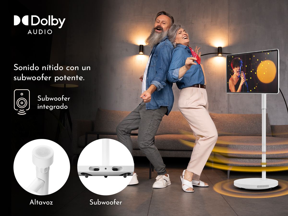 Se muestra una pareja bailando. Dolby Audio, Sonido nítido con un subwoofer potente. Subwoofer intedrado. Altavoz. Subwoofer.