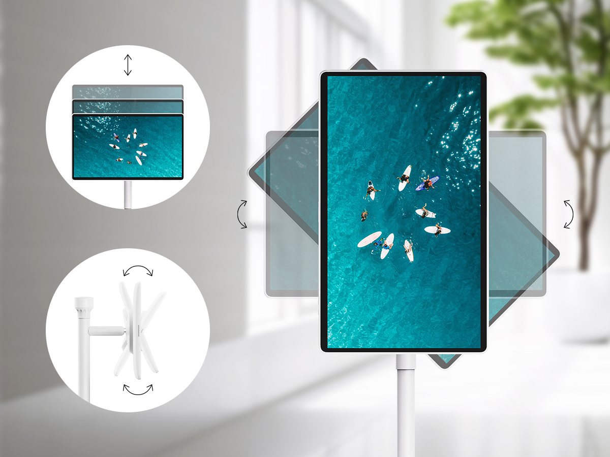 Diagrama de una pantalla en un soporte, mostrando surfistas en agua turquesa. Soporte blanco con símbolos de ajuste.