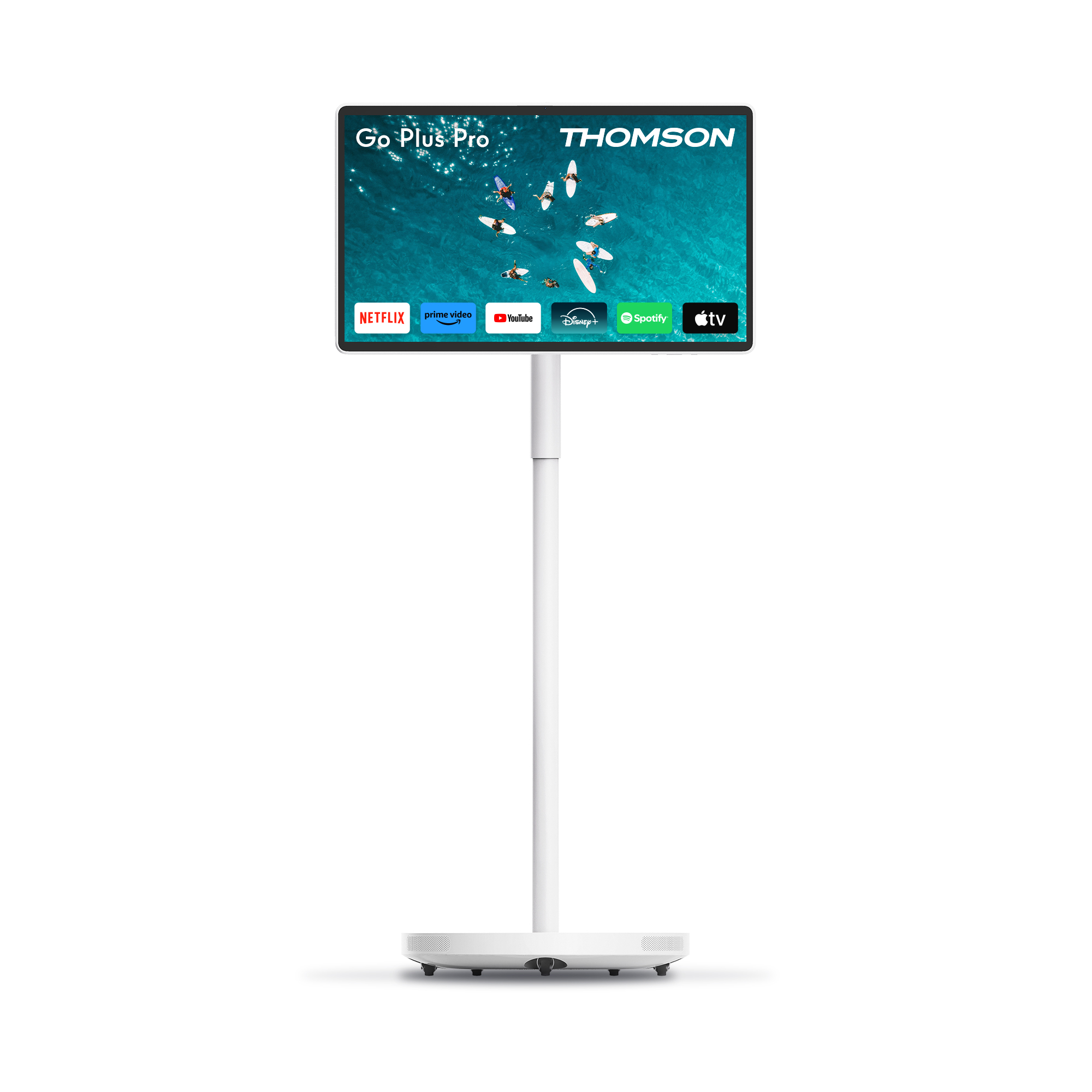 Un soporte de TV blanco con una pantalla que muestra agua y surfistas. Logotipos de servicios de transmisión en la parte inferior.
