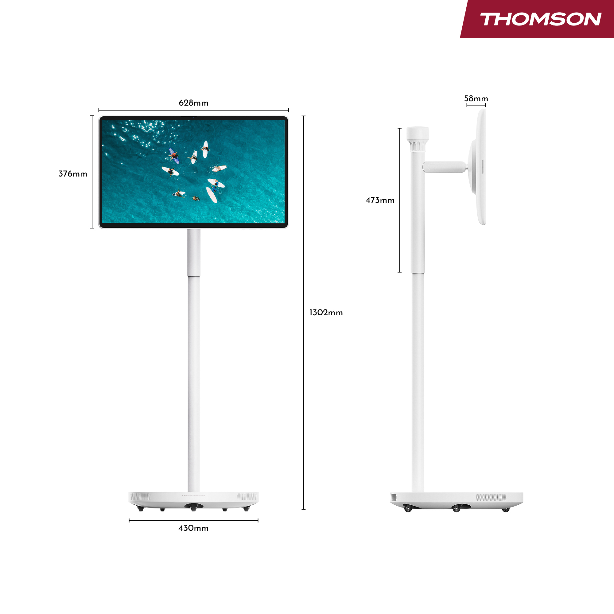 Soporte de TV blanco con un televisor que muestra surfistas en el mar. Las dimensiones están etiquetadas. La marca Thomson es visible.