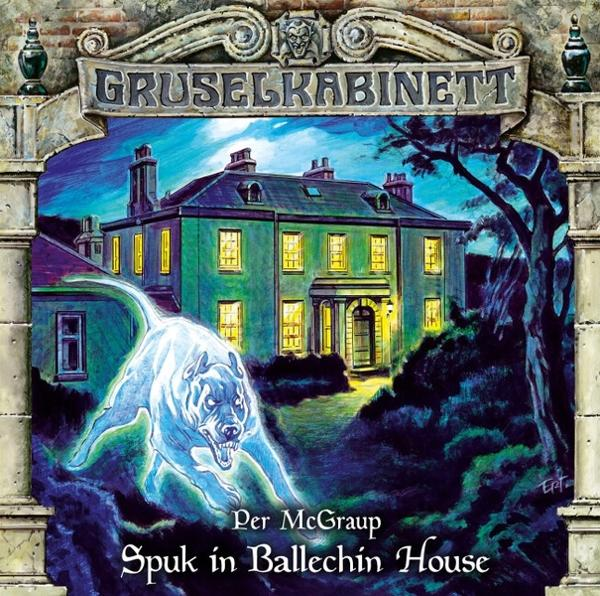 Ein leuchtender Hund rennt auf ein grünes Haus mit beleuchteten Fenstern zu. Der Titel lautet "Spuk in Ballechin House".