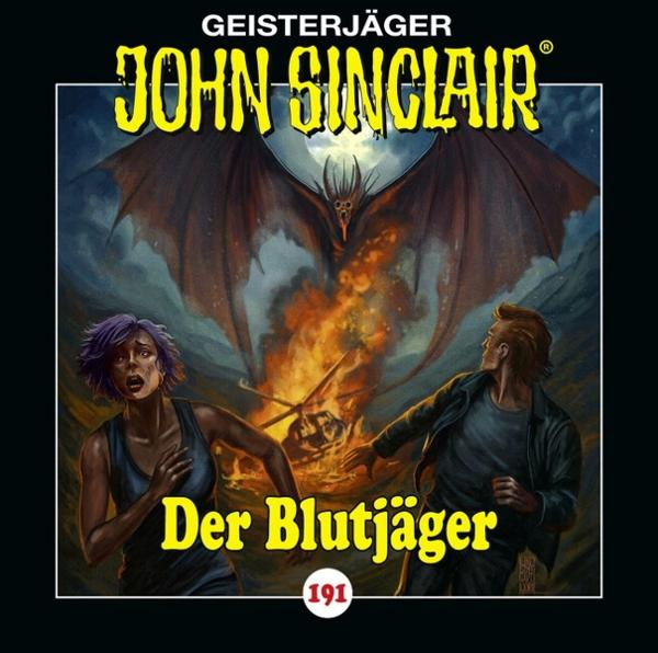 Buchcover mit fledermausähnlichem Wesen, zwei rennenden Personen und einem Feuer. Titel: 'John Sinclair Der Blutjäger'.