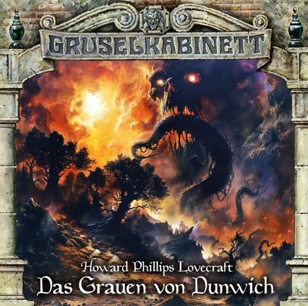 Buchcover: Ein Monster mit leuchtenden Augen erscheint aus einem feurigen Himmel über dunklen Bäumen und Bergen.