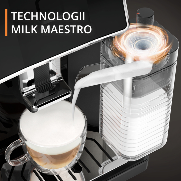 Ekspres do kawy dozujący mleko do szklanki. Mleko pieni się podczas napełniania. Pojemnik zawiera mleko.