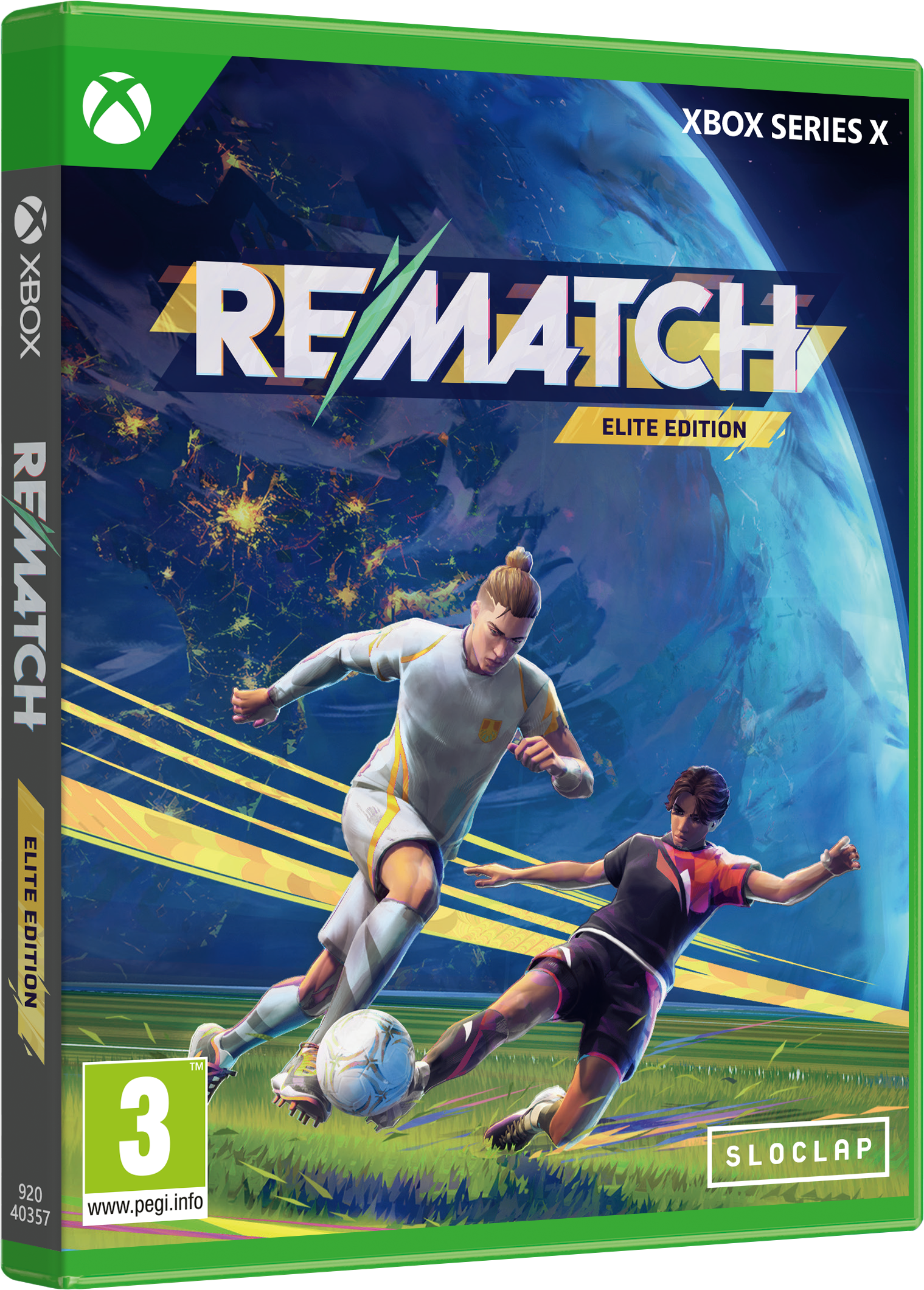 Portada del juego de fútbol: Dos jugadores en acción, uno pateando el balón, sobre un fondo de mapa del mundo. Logotipo Xbox Series X.