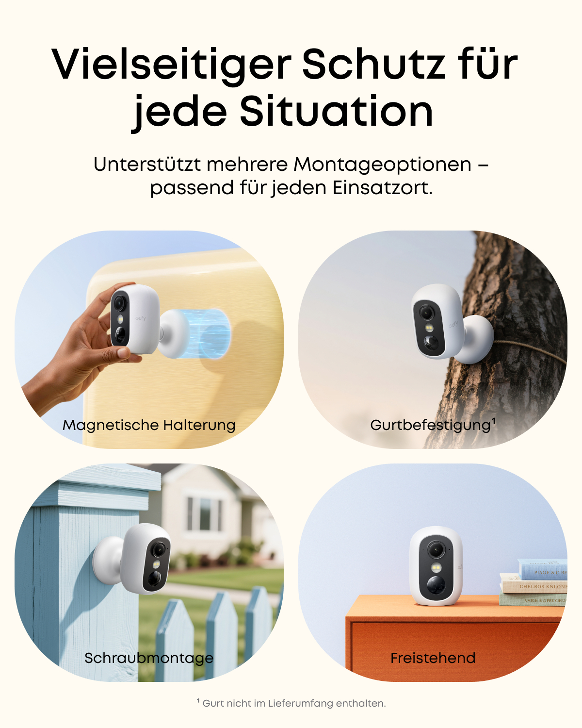 Das Bild zeigt Sicherheitskameras in verschiedenen Montageoptionen: magnetisch, Baumgurt, Schraubmontage und freistehend.