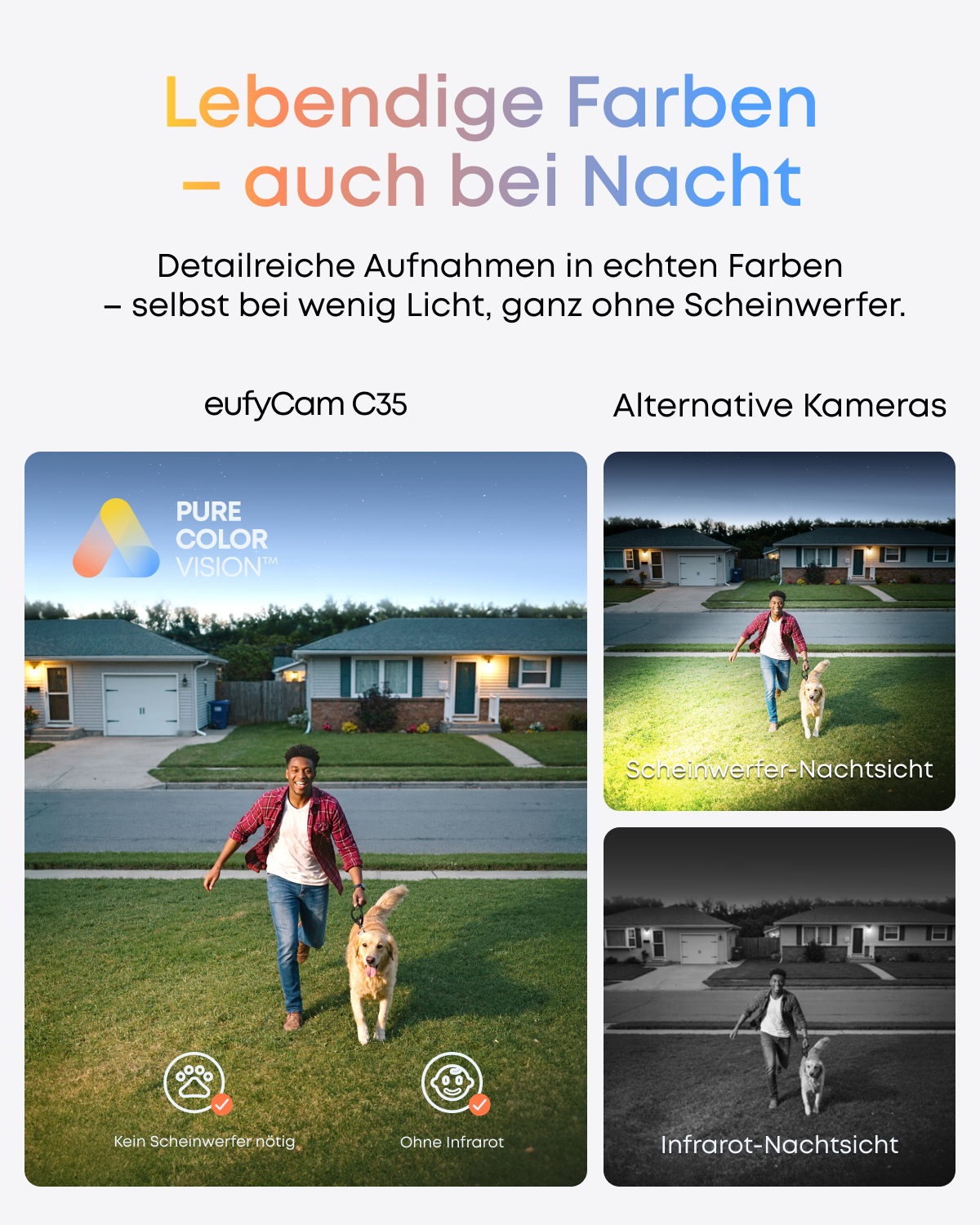 Ein Mann rennt mit einem Golden Retriever auf Gras. Häuser im Hintergrund. Text: 'Pure Color Vision' und 'eufyCam C35'.