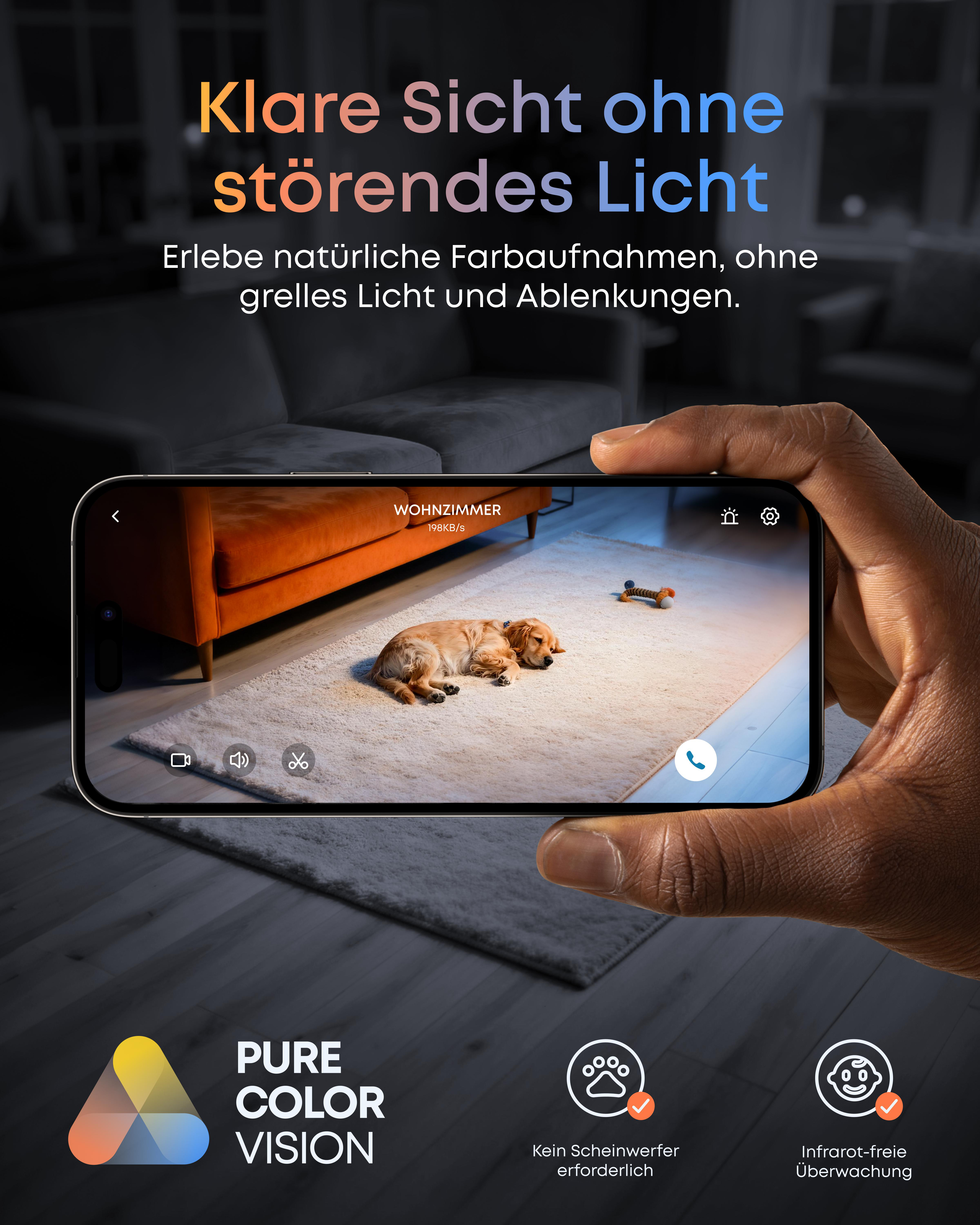 Ein Telefon zeigt ein Zimmer mit einem schlafenden Hund. Das Telefon wird von einer dunkelhäutigen Hand gehalten. Text: Pure Color Vision.