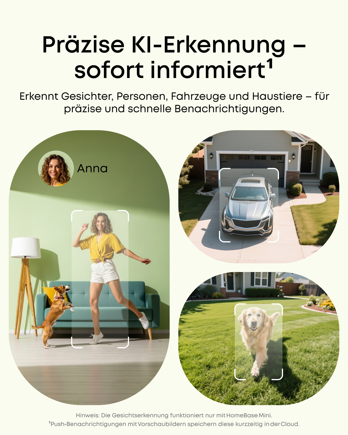 Das Bild zeigt Beispiele für Gesichts-, Personen-, Fahrzeug- und Haustiererkennung. Eine Frau, ein Auto und ein Hund werden hervorgehoben.