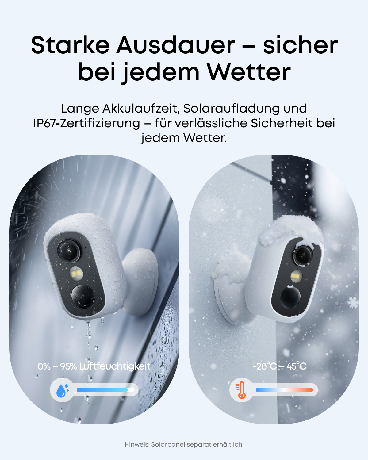 Das Bild zeigt zwei Überwachungskameras. Eine im Regen, die andere im Schnee. Text hebt Wetterfestigkeit und Akkulaufzeit hervor.