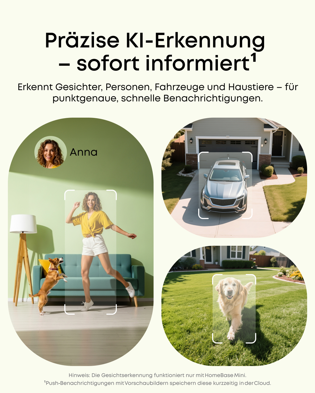 Das Bild zeigt Beispiele für KI-Erkennung, darunter eine Frau, ein Auto, ein Hund und ein weiterer Hund. Text auf Deutsch ist ebenfalls vorhanden.