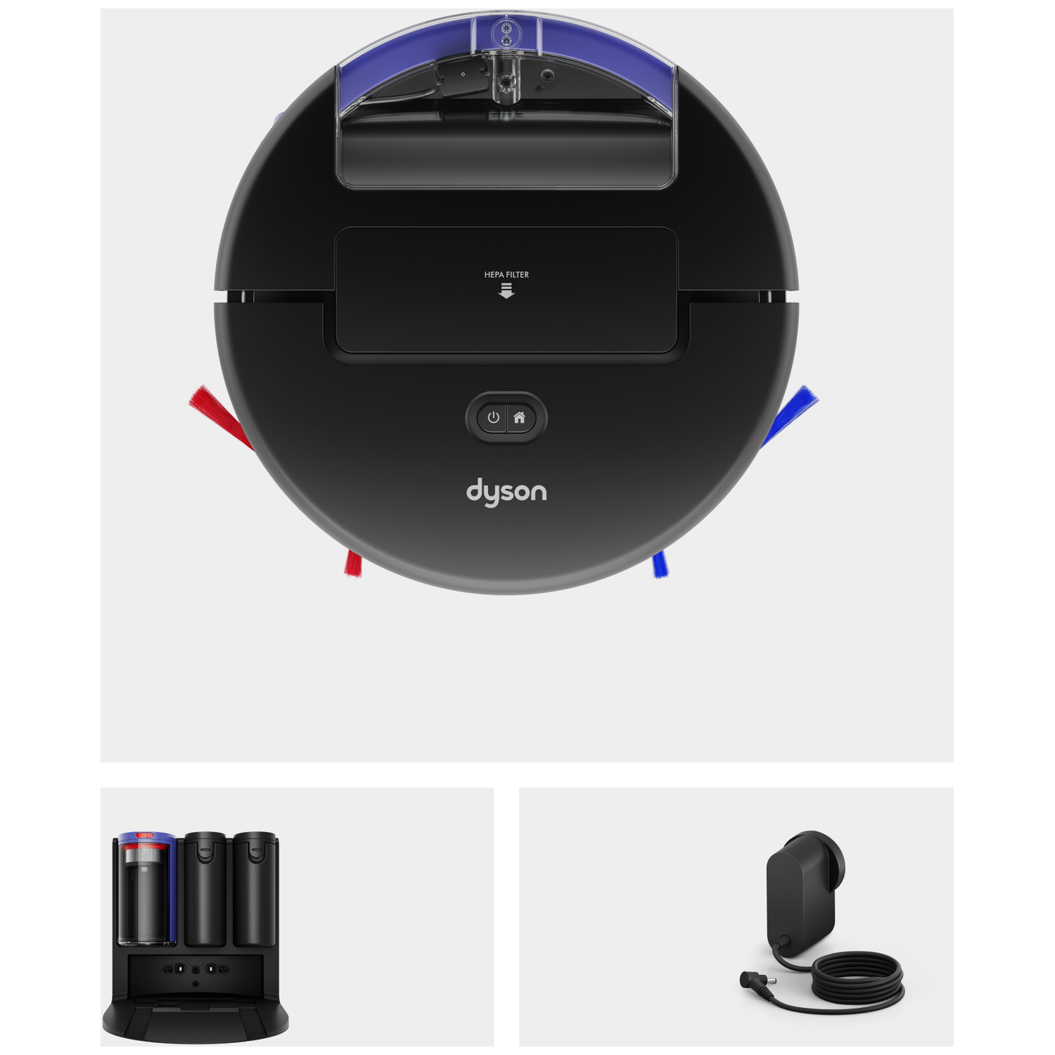 Een zwarte Dyson robotstofzuiger. Hij heeft rode en blauwe borstels, een HEPA-filter en een aan/uit-knop. Het oplaadstation is ook zichtbaar.
