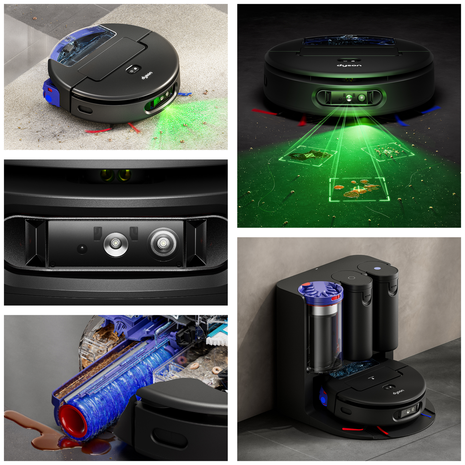 Een zwarte Dyson robotstofzuiger. Hij projecteert groen licht met rode en blauwe stralen. De stofzuiger staat op een tapijt.
