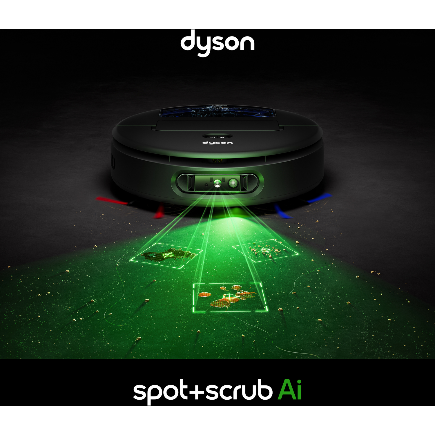 Een zwarte Dyson robotstofzuiger projecteert groen licht op de vloer. De vloer is vuil. De afbeelding bevat de woorden Dyson en spot+scrub AI.