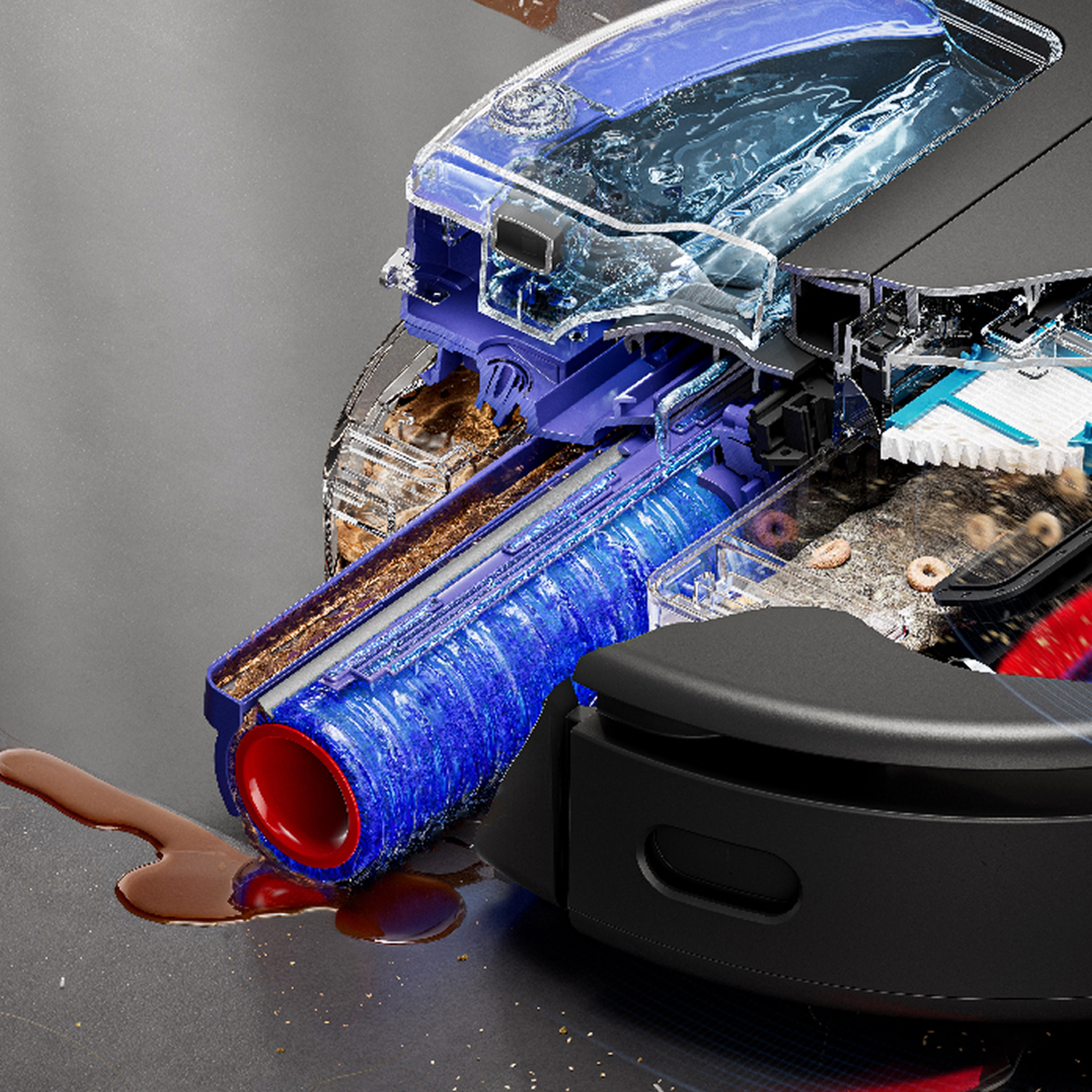Een robotstofzuiger met een doorsnede. De interne componenten zijn zichtbaar, met een blauwe borstel, water en vuil. Bruine vloeistof gemorst.