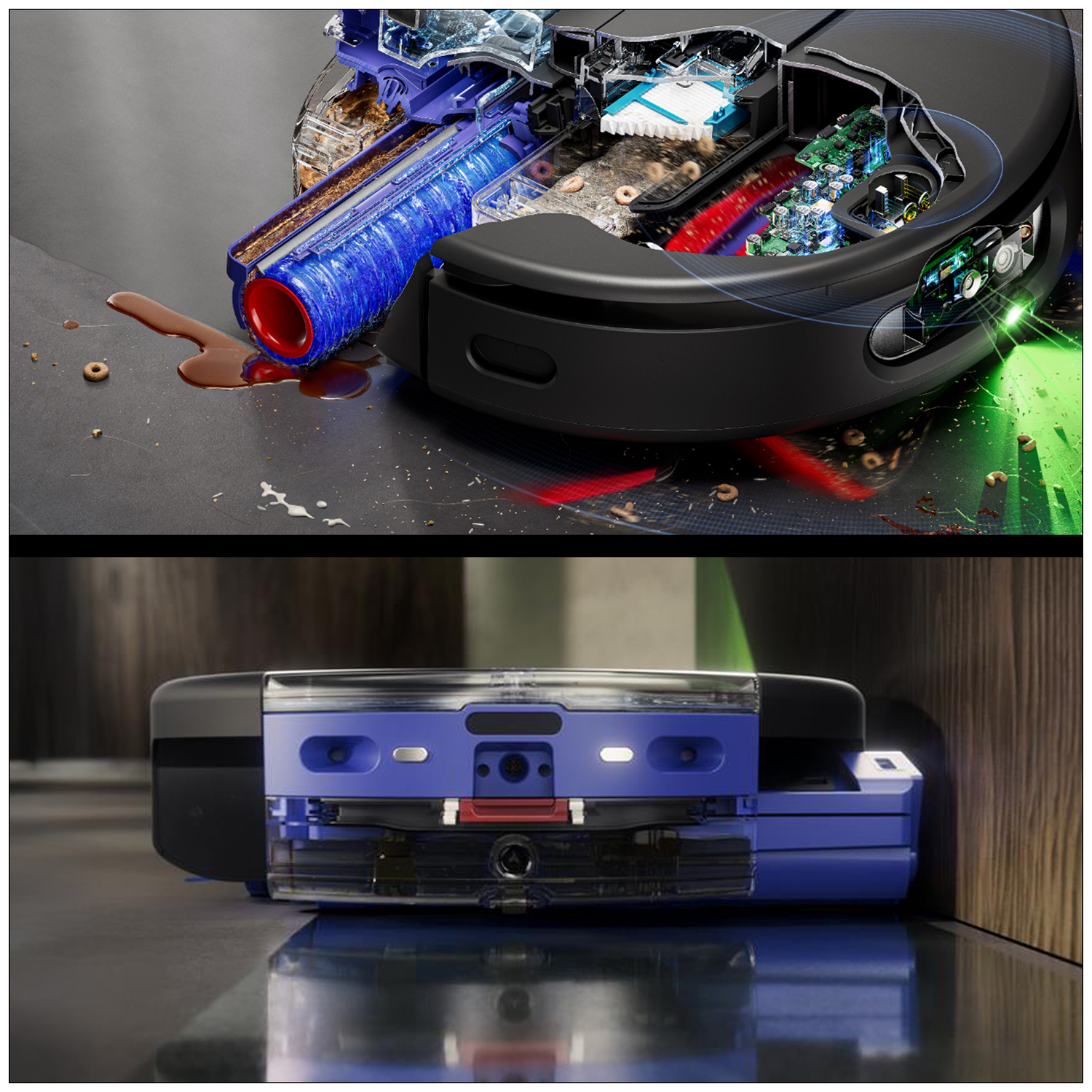 Dwarsdoorsnede van een robotstofzuiger met interne onderdelen. Blauwe rol, bruin vuil en zwarte behuizing. Onder: stofzuiger bij een houten muur.