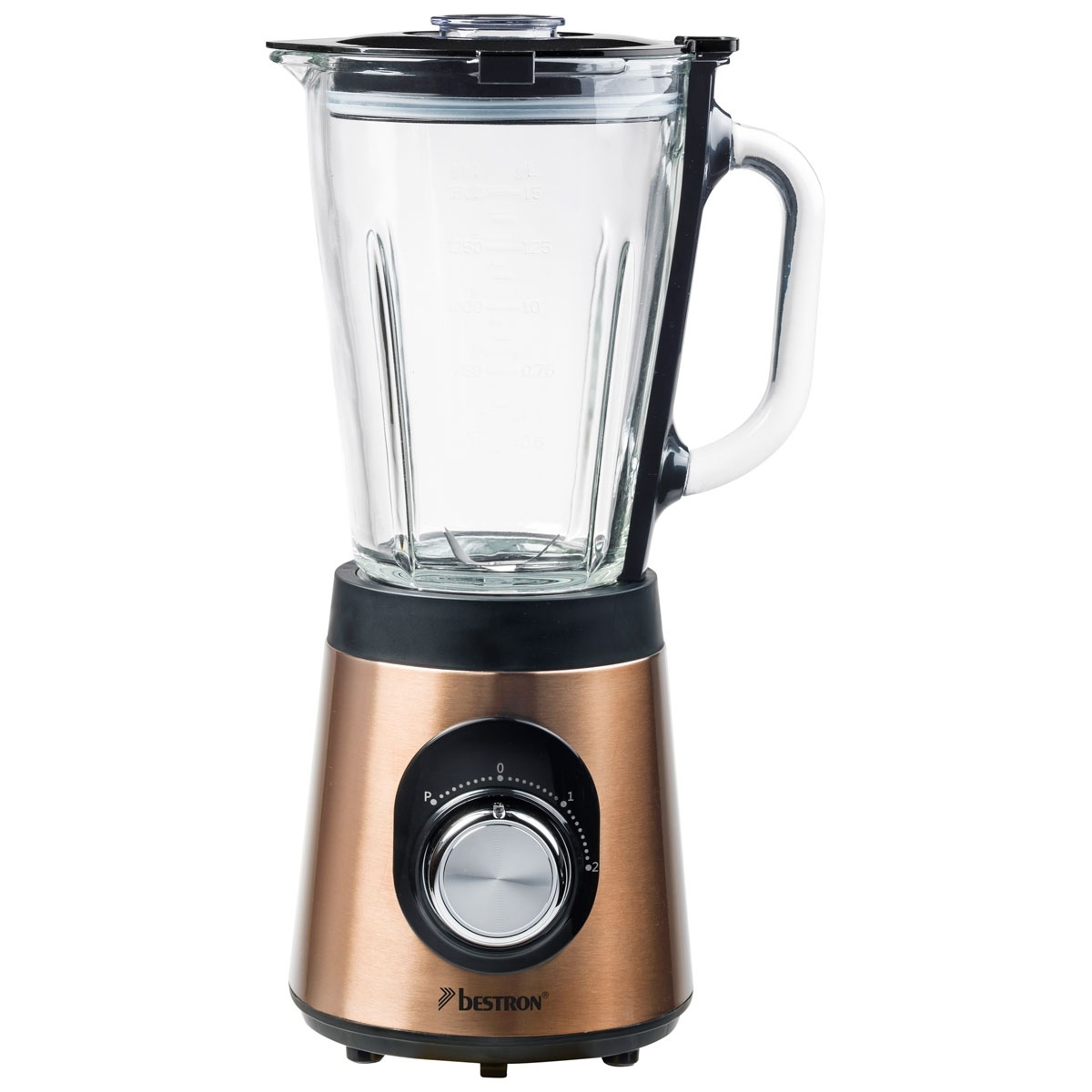 Ein kupferfarbener Mixer mit Glasbehälter und schwarzem Deckel. Er hat einen Drehregler und einen Griff. Die Marke ist Bestron.