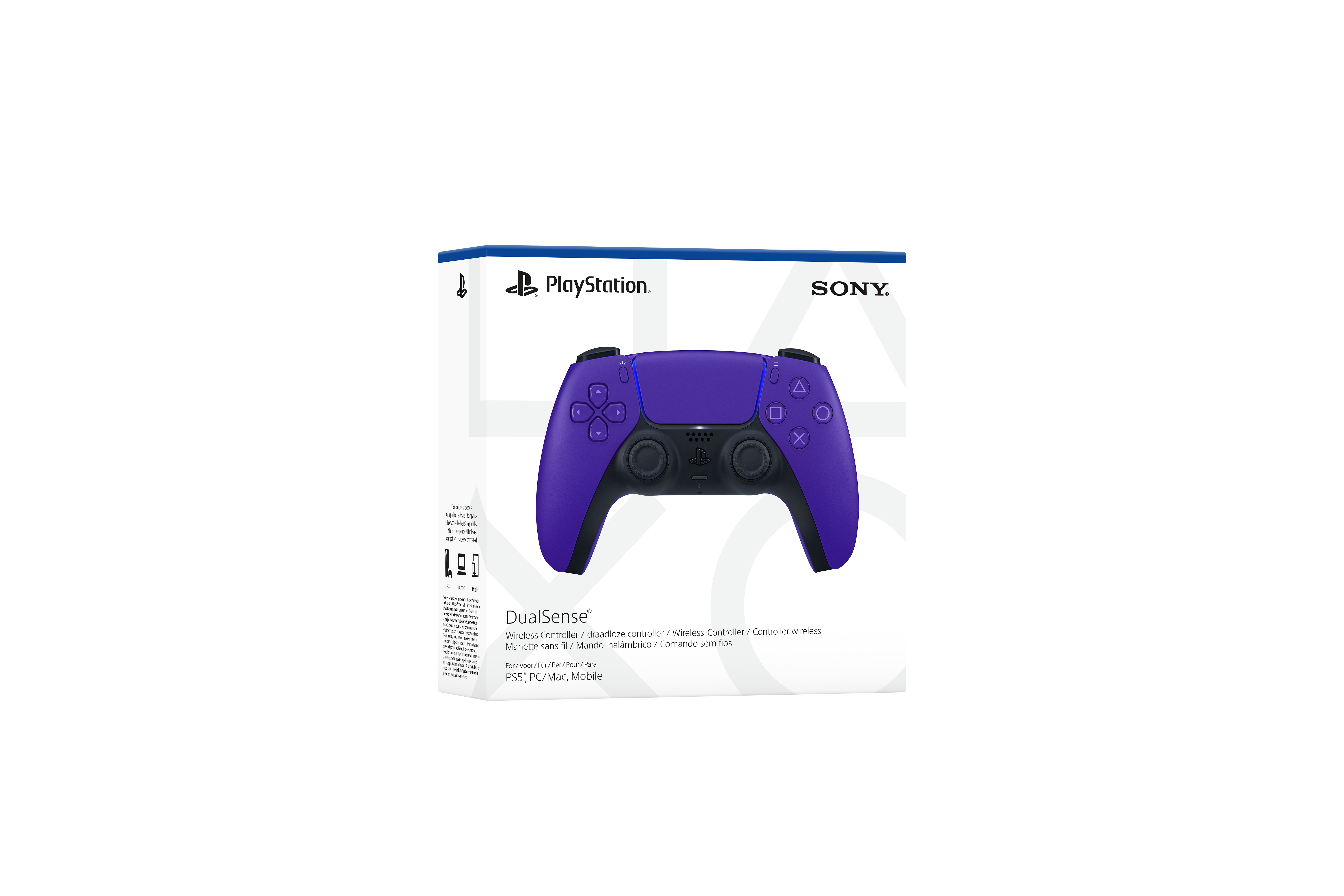 Ein lila DualSense-Controller für PlayStation 5 auf einer weißen Schachtel mit den Logos von PlayStation und Sony.