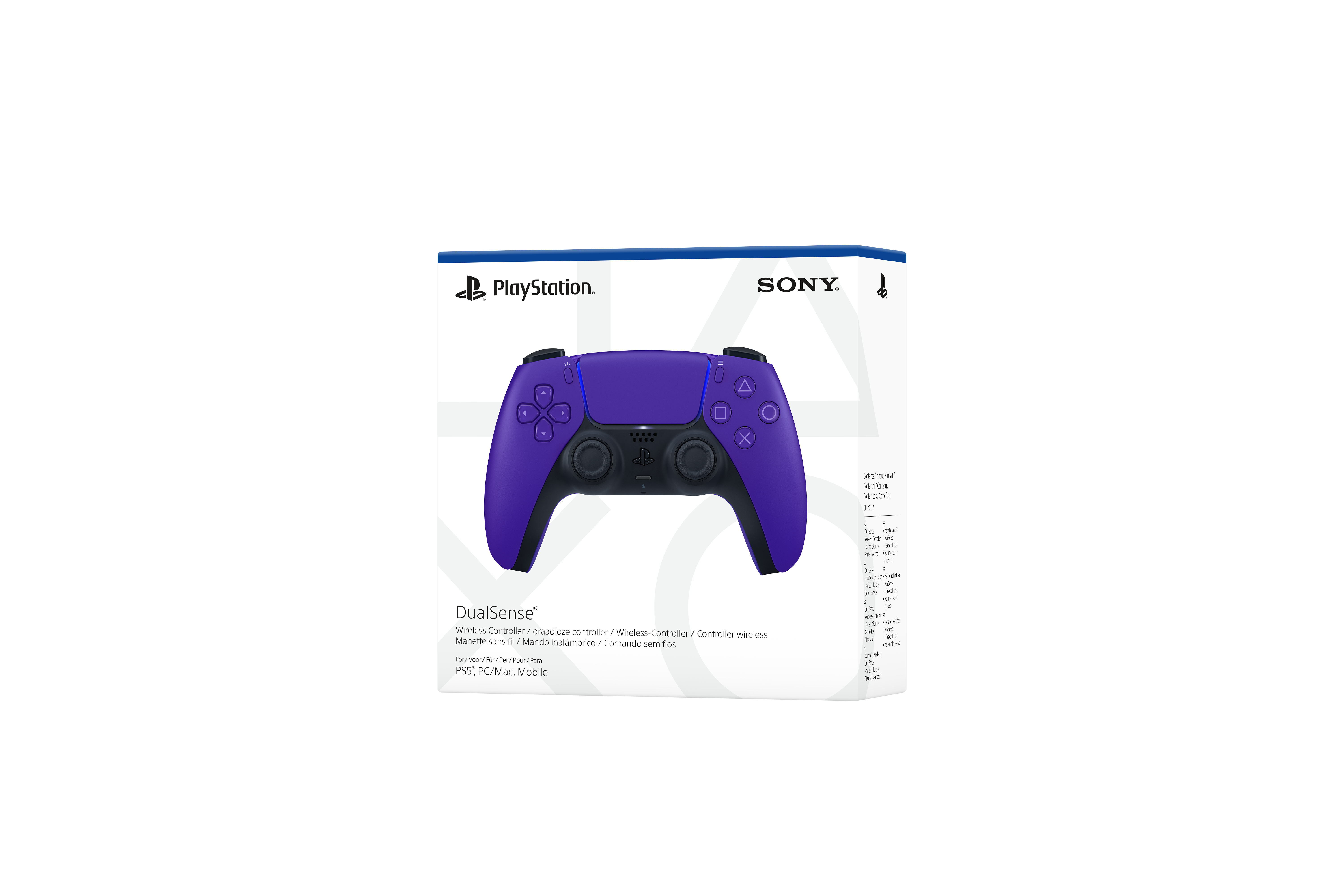 Ein lila PlayStation DualSense Controller auf seiner Box. Die Box hat die Logos von PlayStation und Sony.