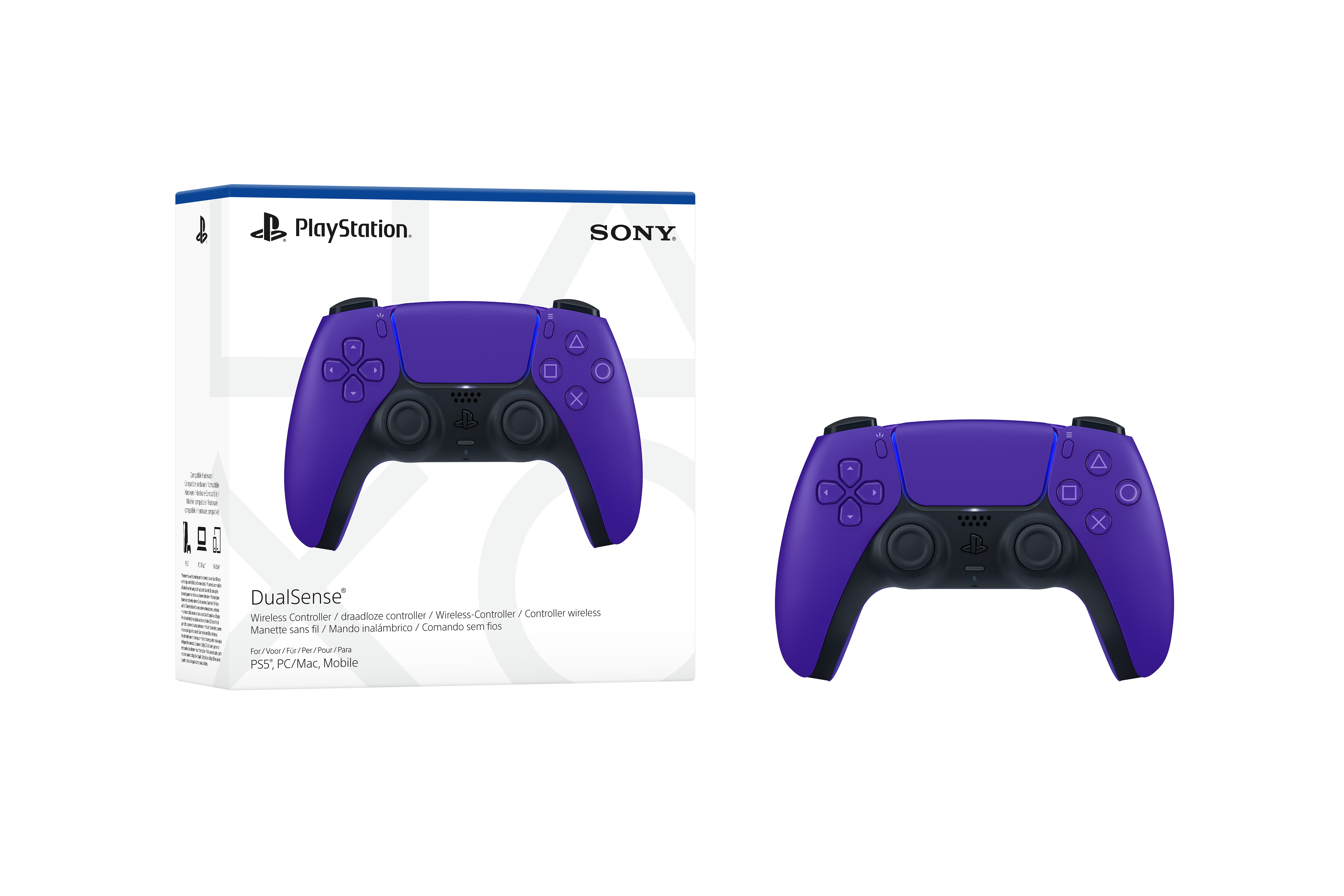 Das Bild zeigt einen lila PlayStation 5 DualSense-Controller mit seiner Box. Der Controller befindet sich auf weißem Hintergrund.
