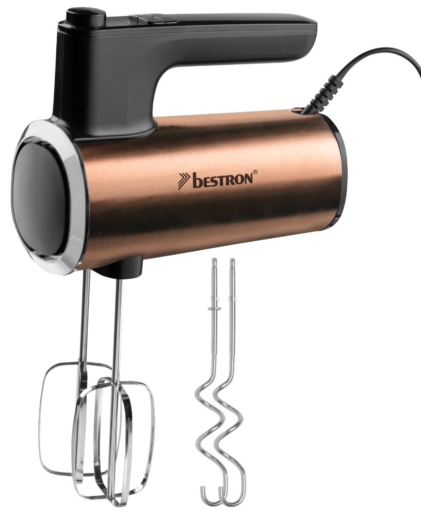Ein kupferfarbener Bestron-Handmixer mit schwarzem Griff und zwei Aufsätzen auf schwarzem Hintergrund.