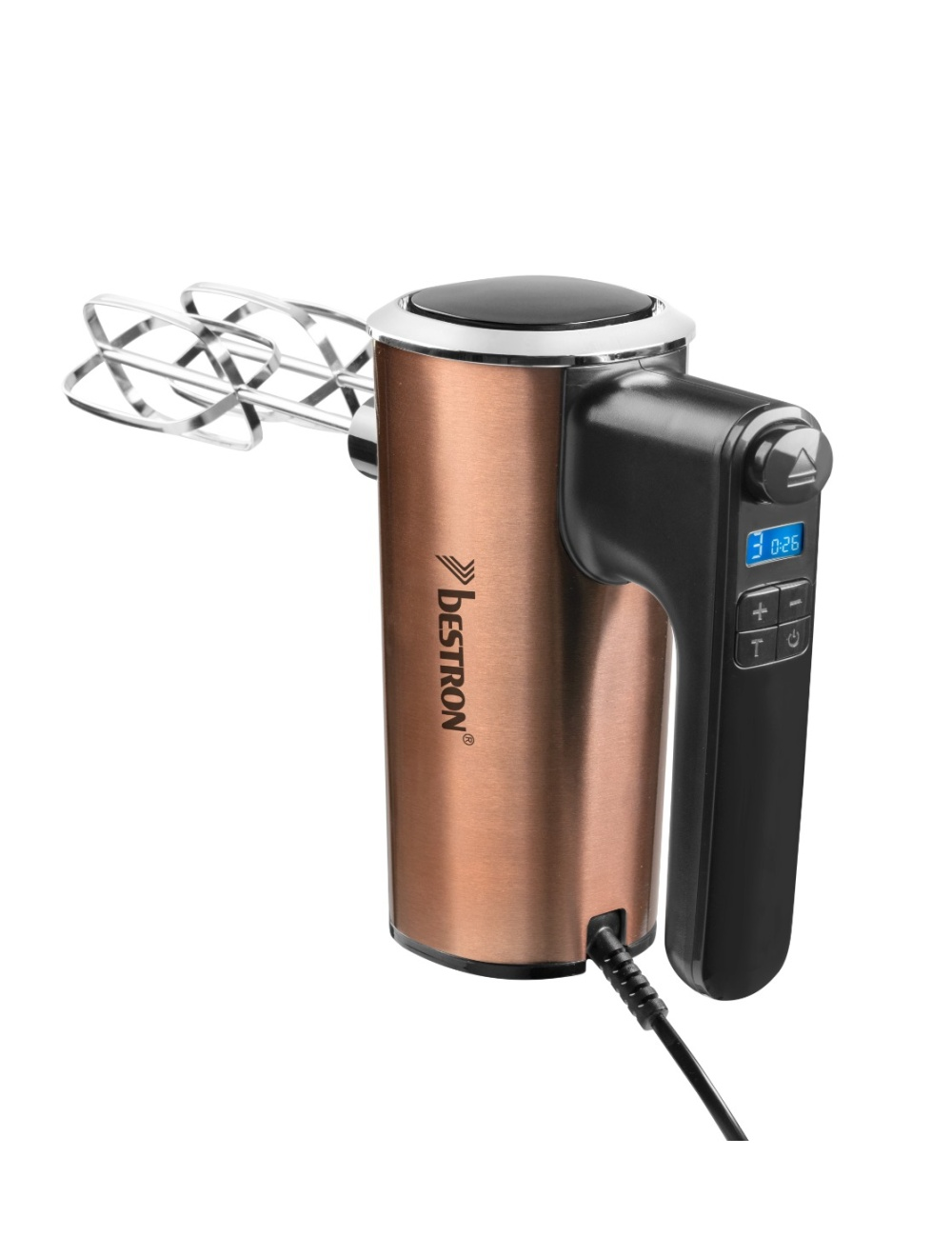 Ein kupferfarbener Bestron-Handmixer mit schwarzem Griff und Digitalanzeige. Edelstahl-Schneebesen ragen aus dem Mixer heraus.