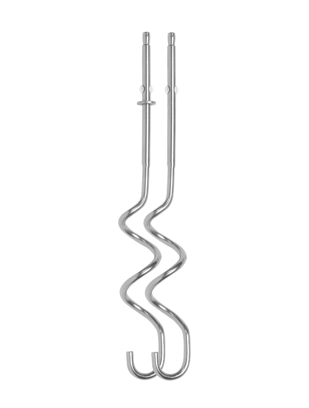 Zwei Metall-Mixeraufsätze. Sie sind silberfarben, mit einem wellenförmigen Design und einem Haken unten. Der Hintergrund ist weiß.
