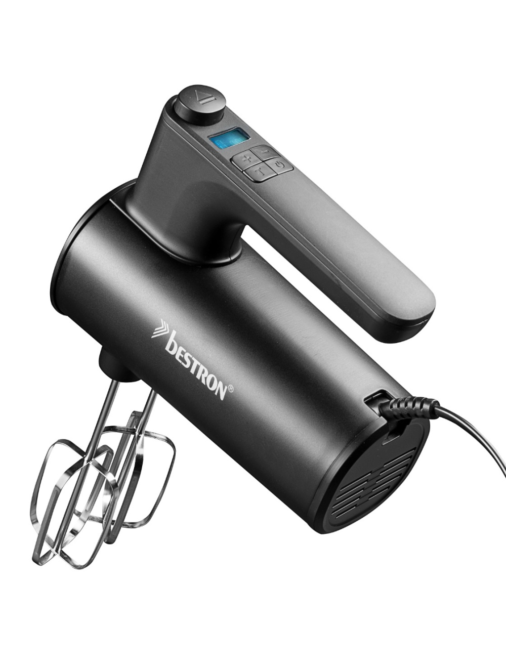 Ein schwarzer Bestron-Handmixer. Zu den Merkmalen gehören ein Drehzahlregelpaneel, ein Ein-/Ausschalter und eine digitale Anzeige. Edelstahl-Schläger sind befestigt.