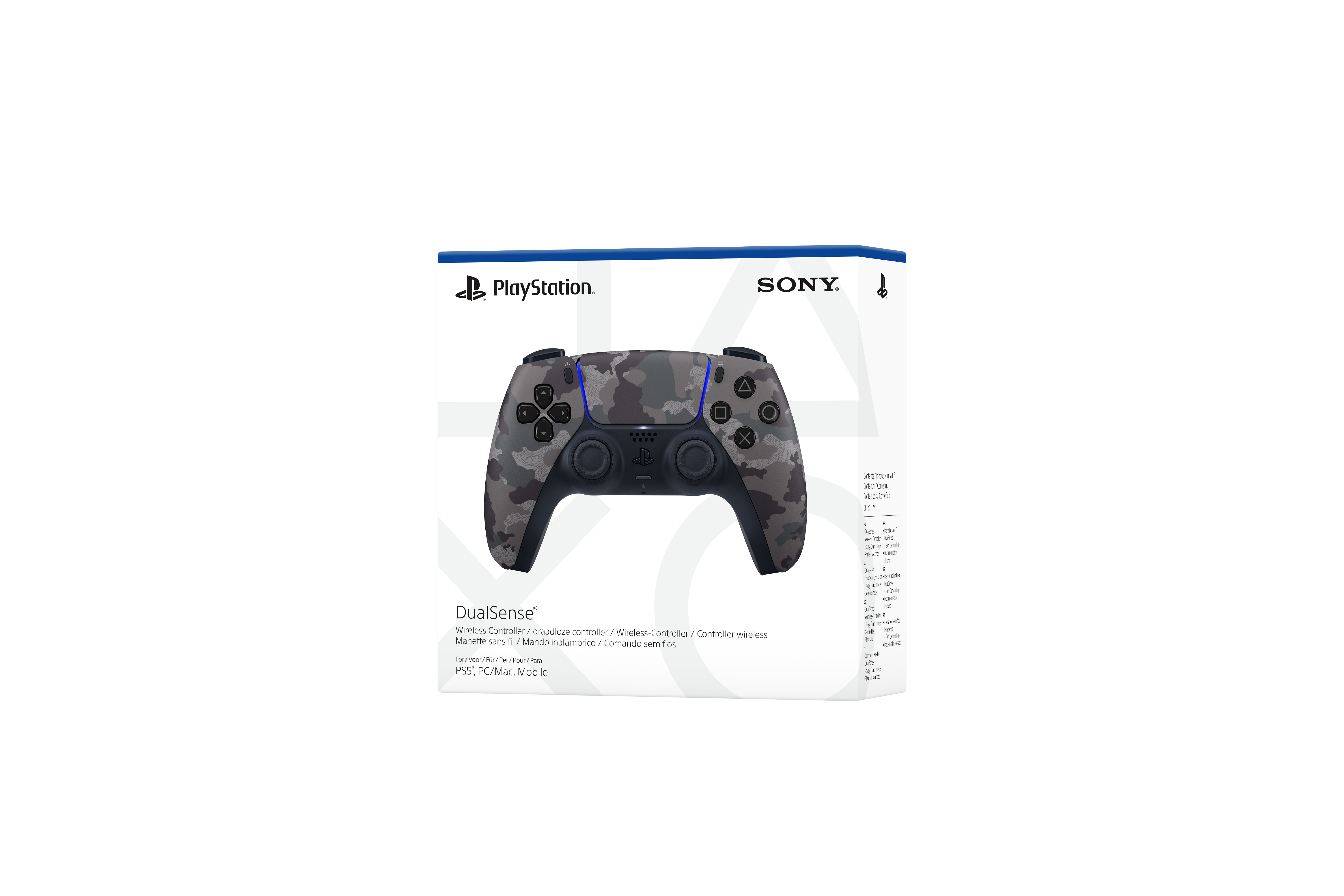 Grau getarnter PlayStation DualSense-Controller auf der Verpackung. Die Box hat die PlayStation- und Sony-Logos.
