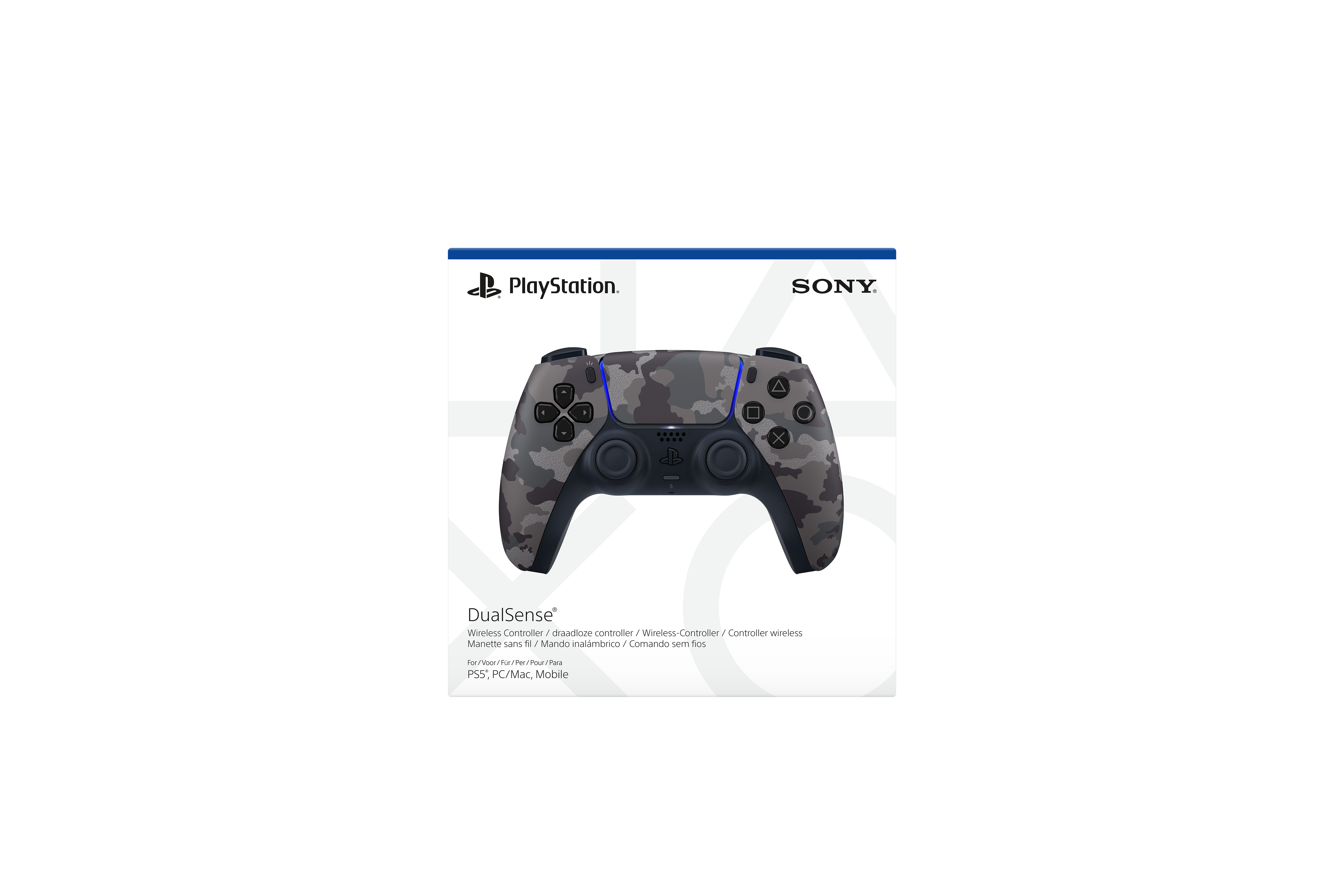 Ein getarnter PlayStation DualSense Wireless-Controller mit Sony- und PlayStation-Logos auf weißem Hintergrund.