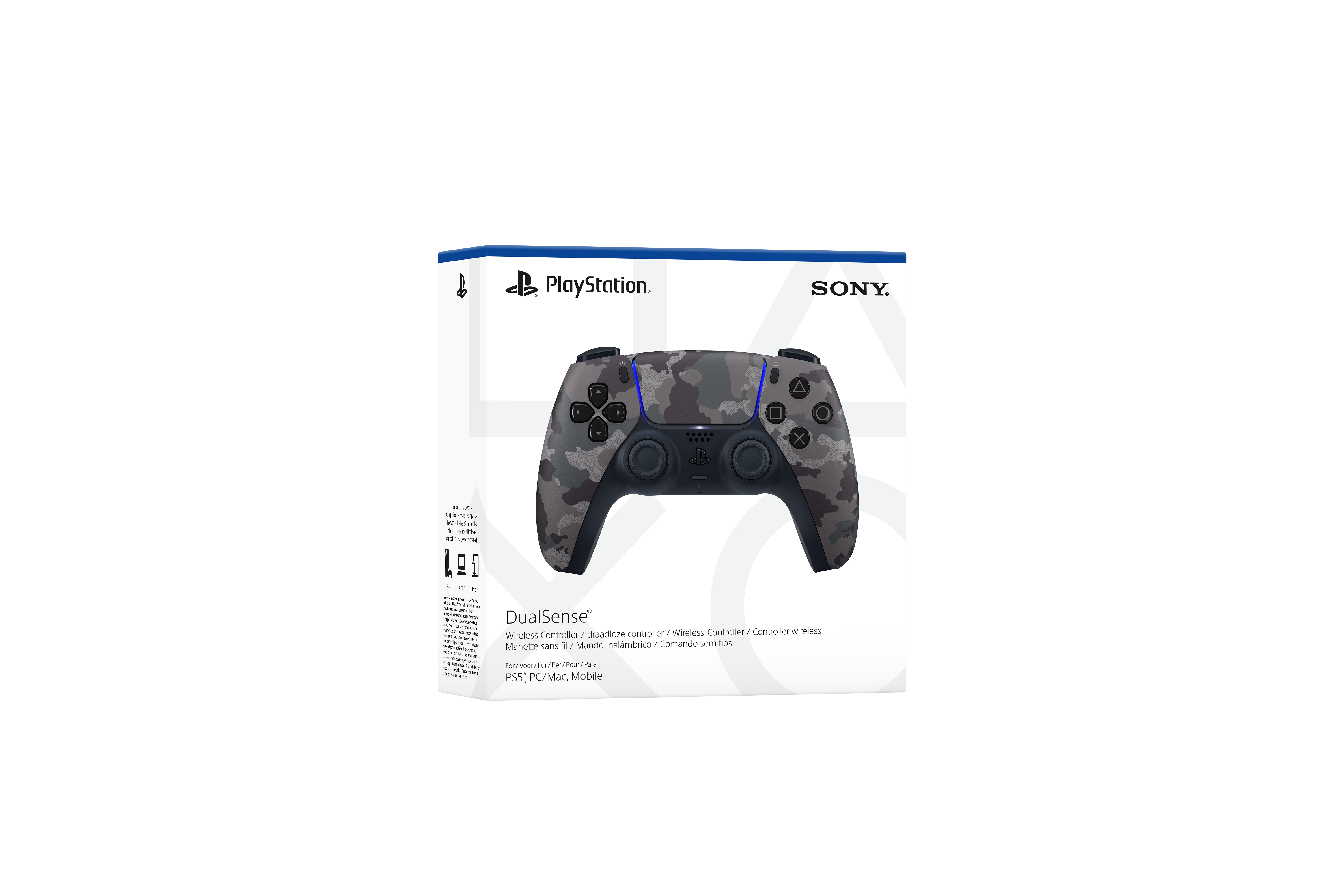 Verpackter PlayStation DualSense Camo-Controller. Graues Camo-Design auf weißer Box. Sony- und PlayStation-Logos sichtbar.