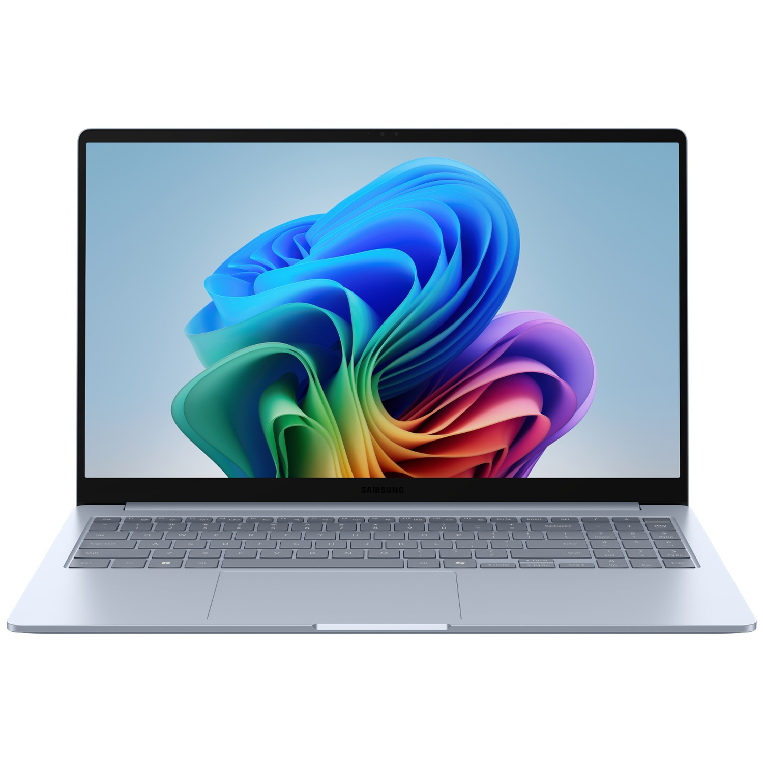 Un ordinateur portable Samsung est ouvert, affichant une image abstraite colorée. Le clavier est visible, avec une finition métallique bleu clair.