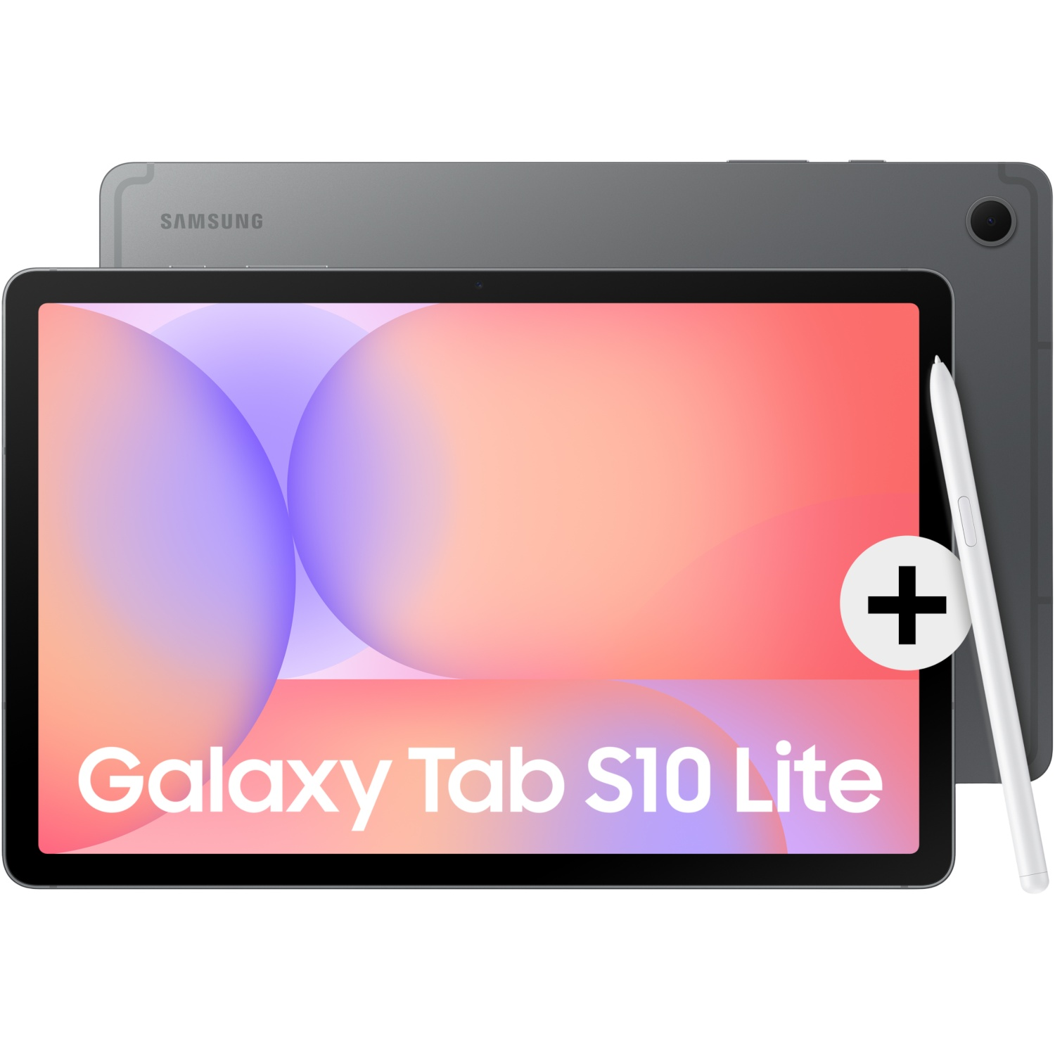 Une tablette Samsung Galaxy Tab S10 Lite avec un stylet. La tablette est grise, avec un écran dégradé coloré. Un signe plus est à l'écran.