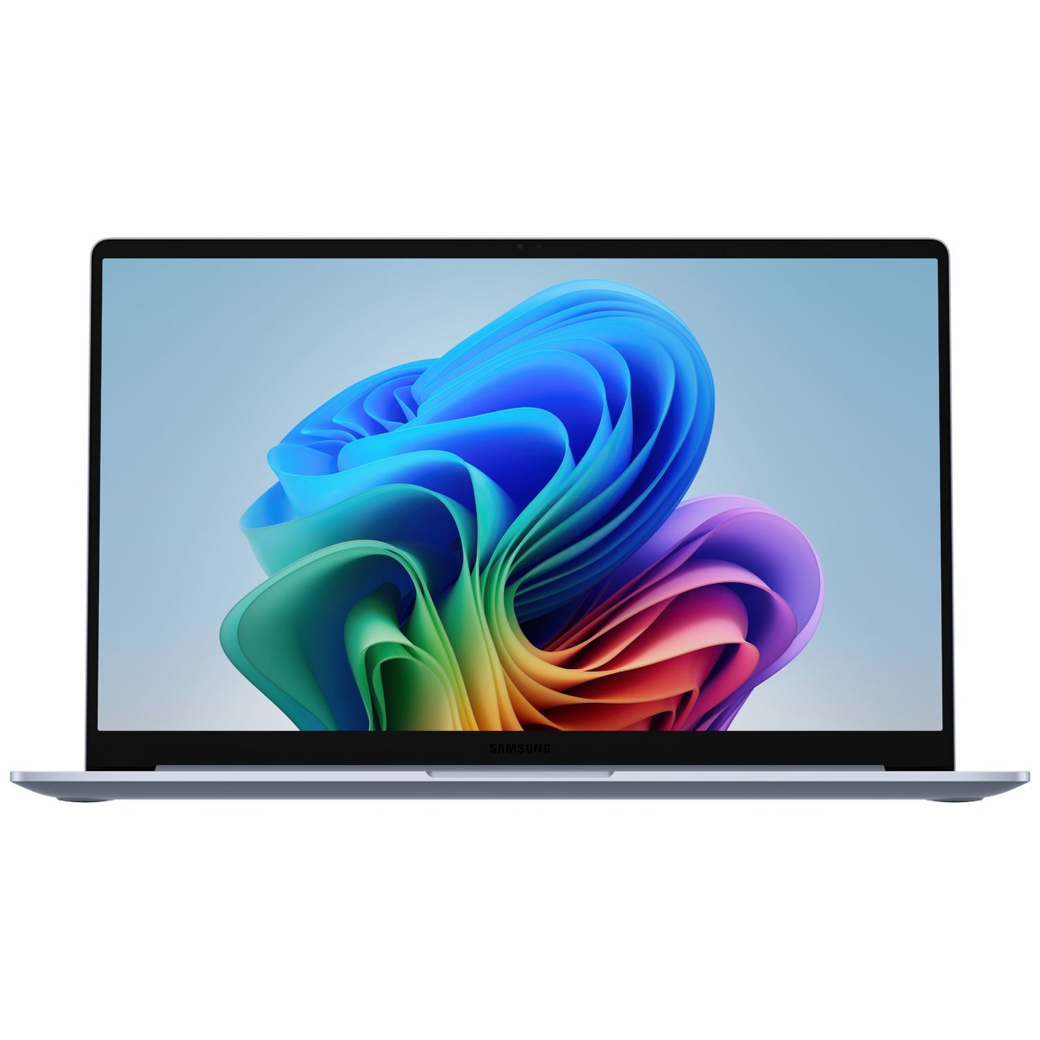 Un ordinateur portable Samsung affiche un tourbillon abstrait et coloré sur son écran. L'ordinateur est ouvert et le fond est blanc.