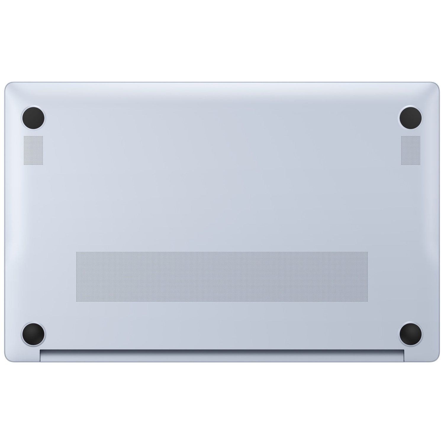 Vue de dessous d'un ordinateur portable bleu clair avec quatre pieds en caoutchouc noirs et des trous de ventilation. Sur fond blanc.