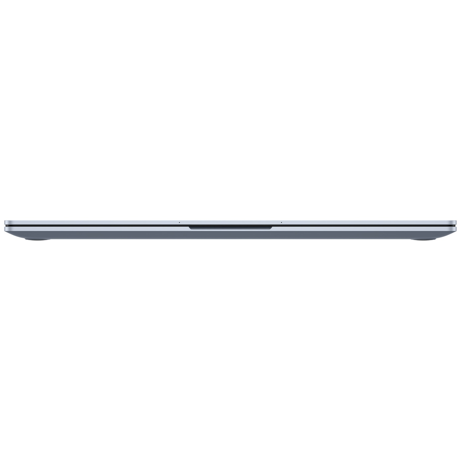 Vue latérale d'un ordinateur portable fin et fermé. L'ordinateur portable est gris et se détache sur un fond blanc.