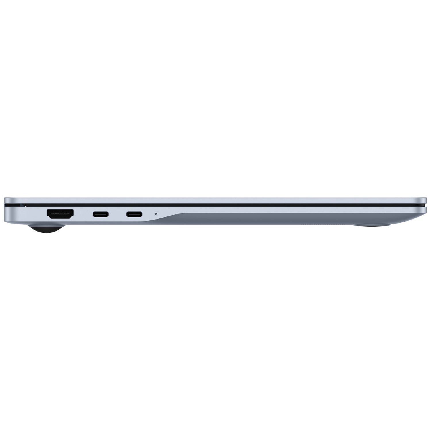 Vue latérale d'un ordinateur portable argenté. Les ports visibles incluent HDMI et USB-C. L'ordinateur portable est fermé, sur fond blanc.
