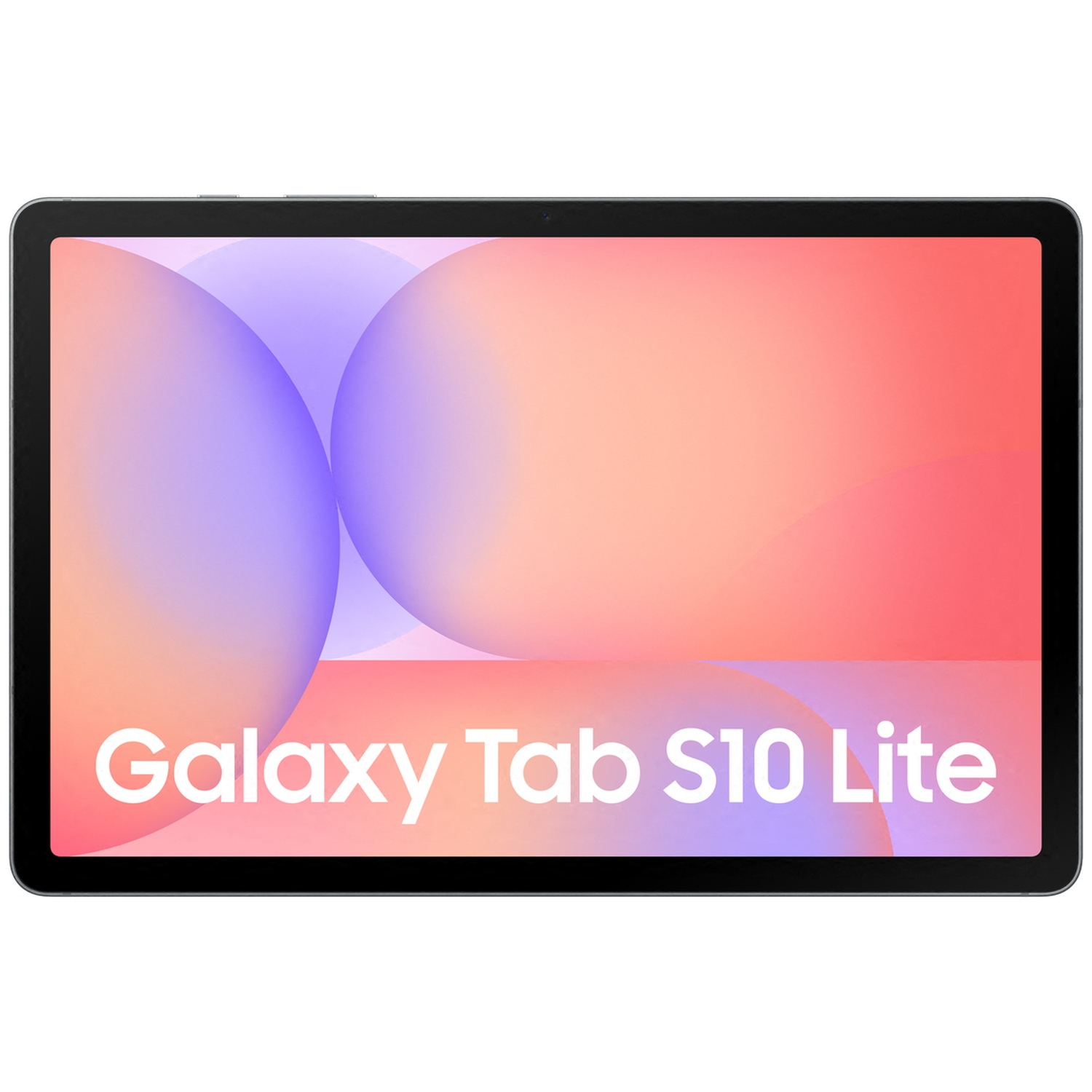 Une tablette avec une lunette noire affiche un arrière-plan coloré. Le texte 'Galaxy Tab S10 Lite' est affiché en blanc.