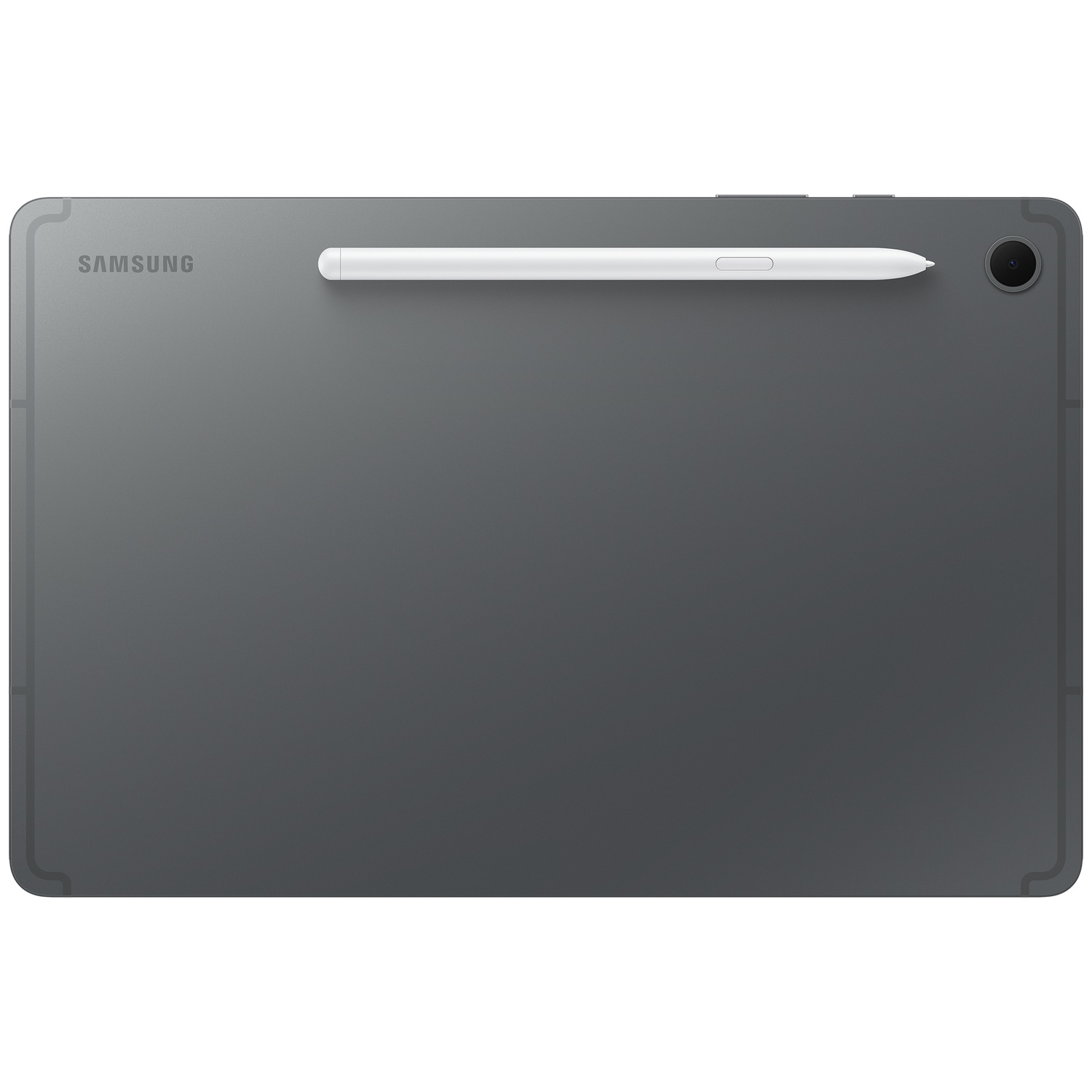 Une tablette Samsung grise avec un stylet blanc dessus. La tablette a une caméra et le logo Samsung au dos.
