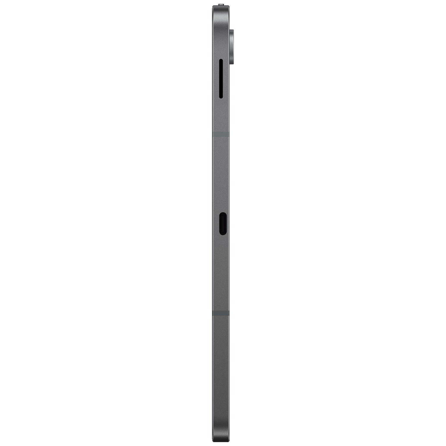 Vue latérale d'une tablette gris foncé. La tablette est verticale. Une caméra, un bouton et d'autres fonctions sont visibles sur le côté.