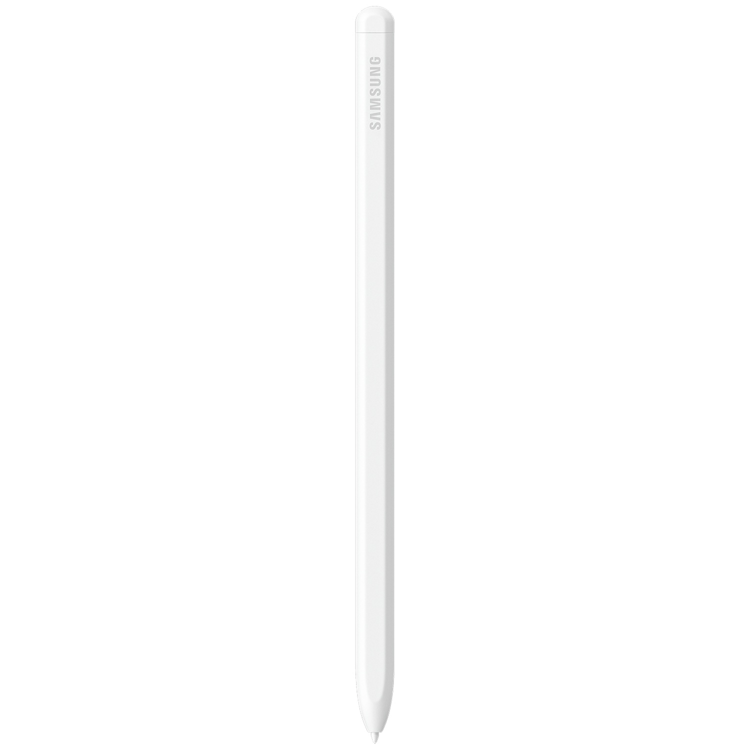 Un stylet blanc avec le logo Samsung. Il a un dessus arrondi, un corps effilé et une pointe, sur fond blanc.